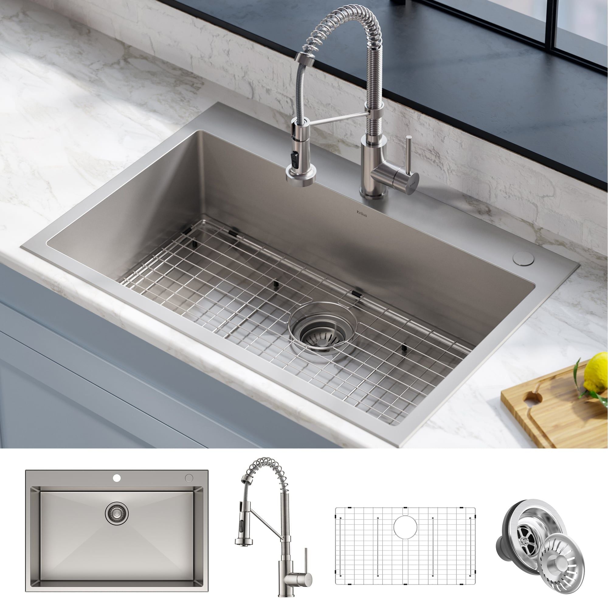 KRAUS 33 Dual Mount Workstation Sink with 18 Commercial Kitchen Faucet