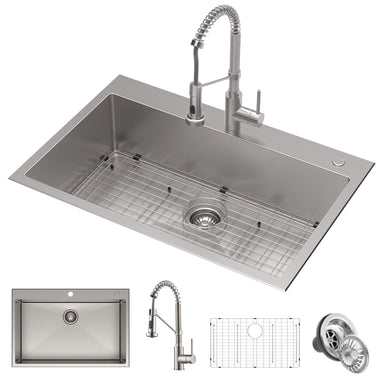 KRAUS Stark™ 33-inch Dual Mount Kitchen Sink and Pull-Down Commercial Kitchen Faucet Combo in Stainless Steel Finish-Kitchen Sink & Faucet Combos-KRAUS