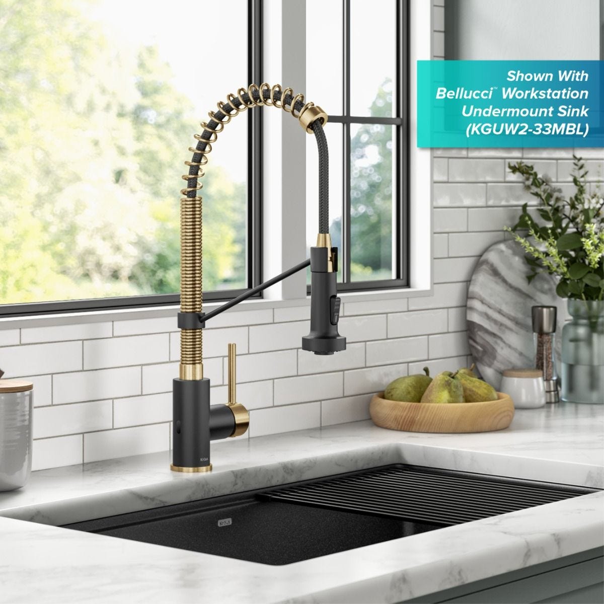 KRAUS Touchless Pull-Down Single Handle 18-Inch Kitchen Faucet in Brushed Brass & Matte Black-Kitchen Faucets-DirectSinks