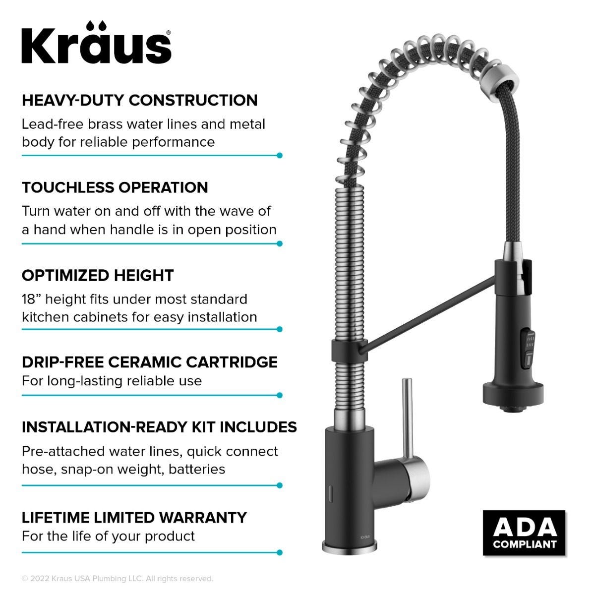 KRAUS Touchless Pull-Down Single Handle 18-Inch Kitchen Faucet in Spot-Free Stainless & Matte Black-Kitchen Faucets-DirectSinks
