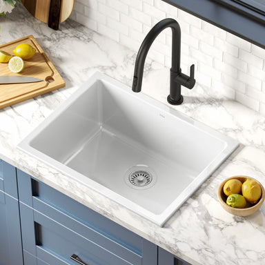 KRAUS Turino 24" Drop-In or Undermount Fireclay Kitchen Sink with Thick Mounting Deck in Gloss White-Kitchen Sinks-DirectSinks