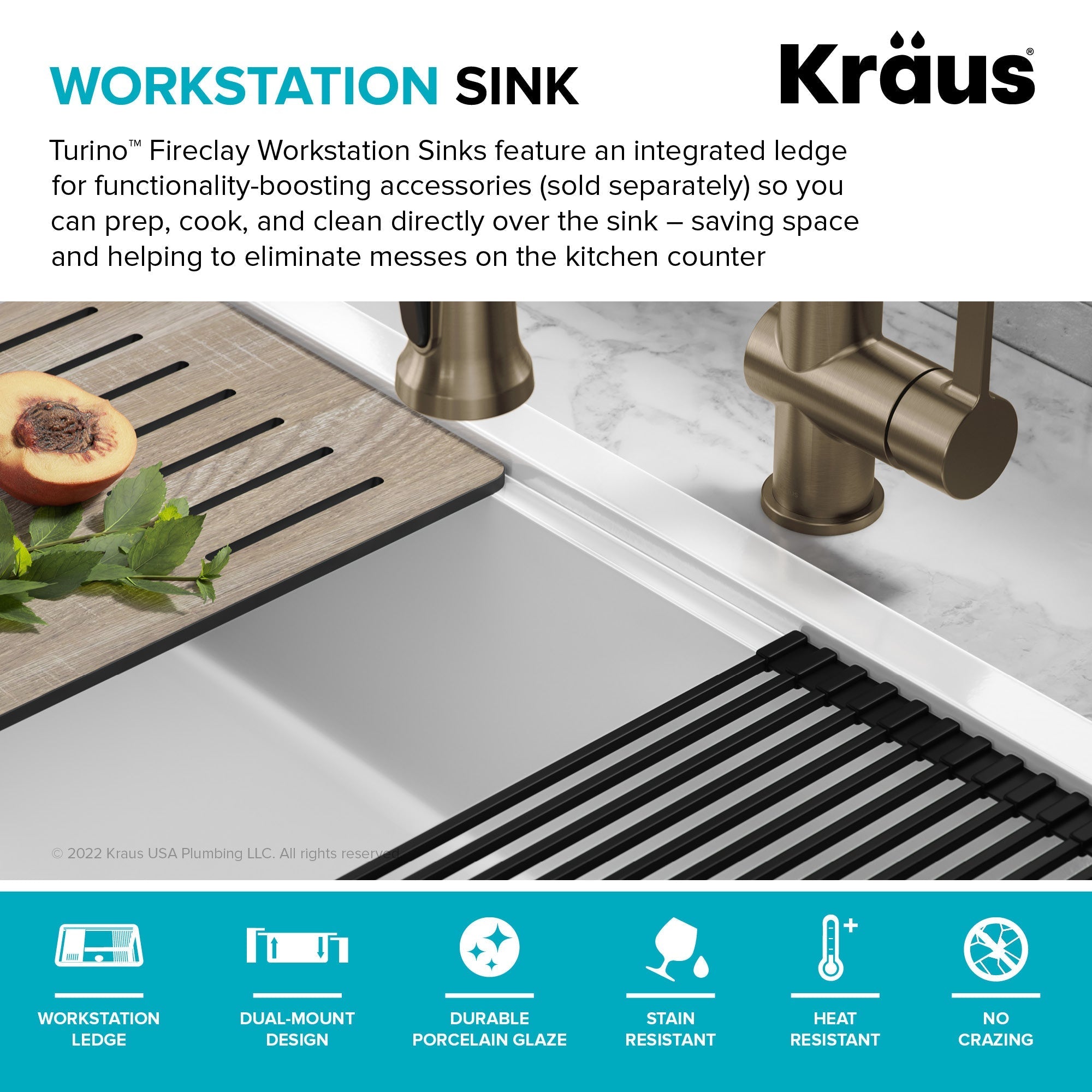 KRAUS Turino 33" Drop-In or Undermount Fireclay Workstation Kitchen Sink in Gloss White-Kitchen Sinks-DirectSinks