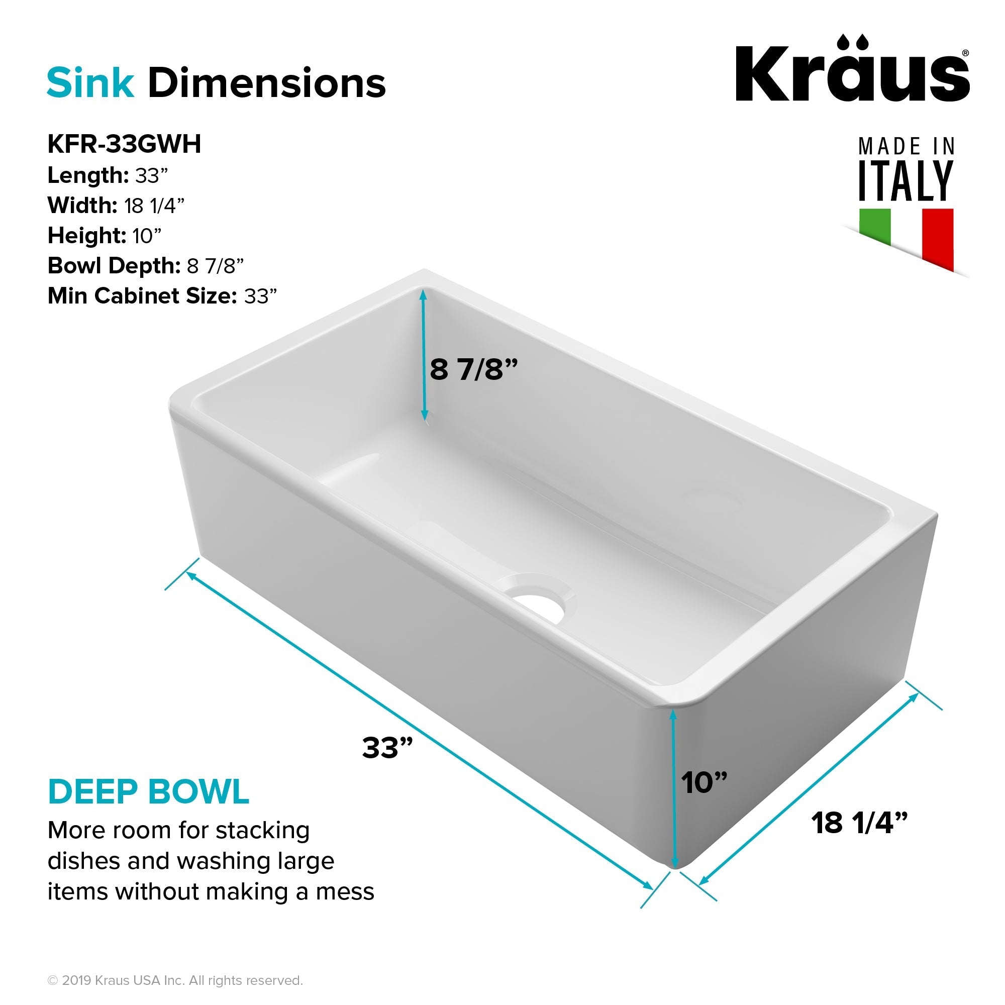 KRAUS Turino Reversible 33" Fireclay Farmhouse Flat Apron Front Single Bowl Kitchen Sink with Bottom Grid in Gloss White-Kitchen Sinks-DirectSinks