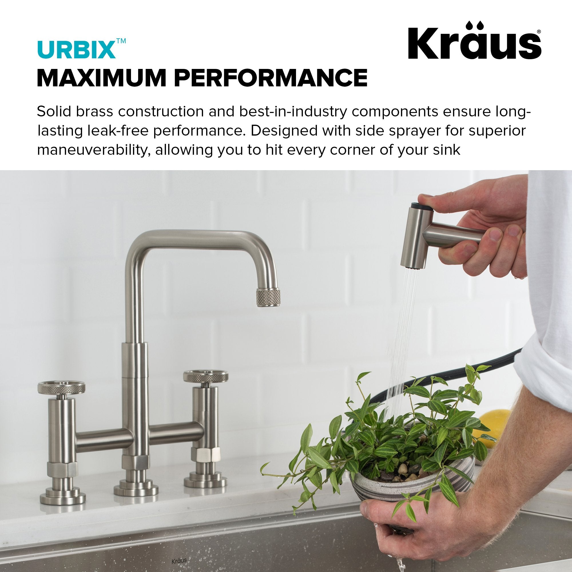 KRAUS Urbix Bridge Kitchen Faucet with Side Sprayer in Spot Free Stainless Steel KPF-3125SFS | DirectSinks