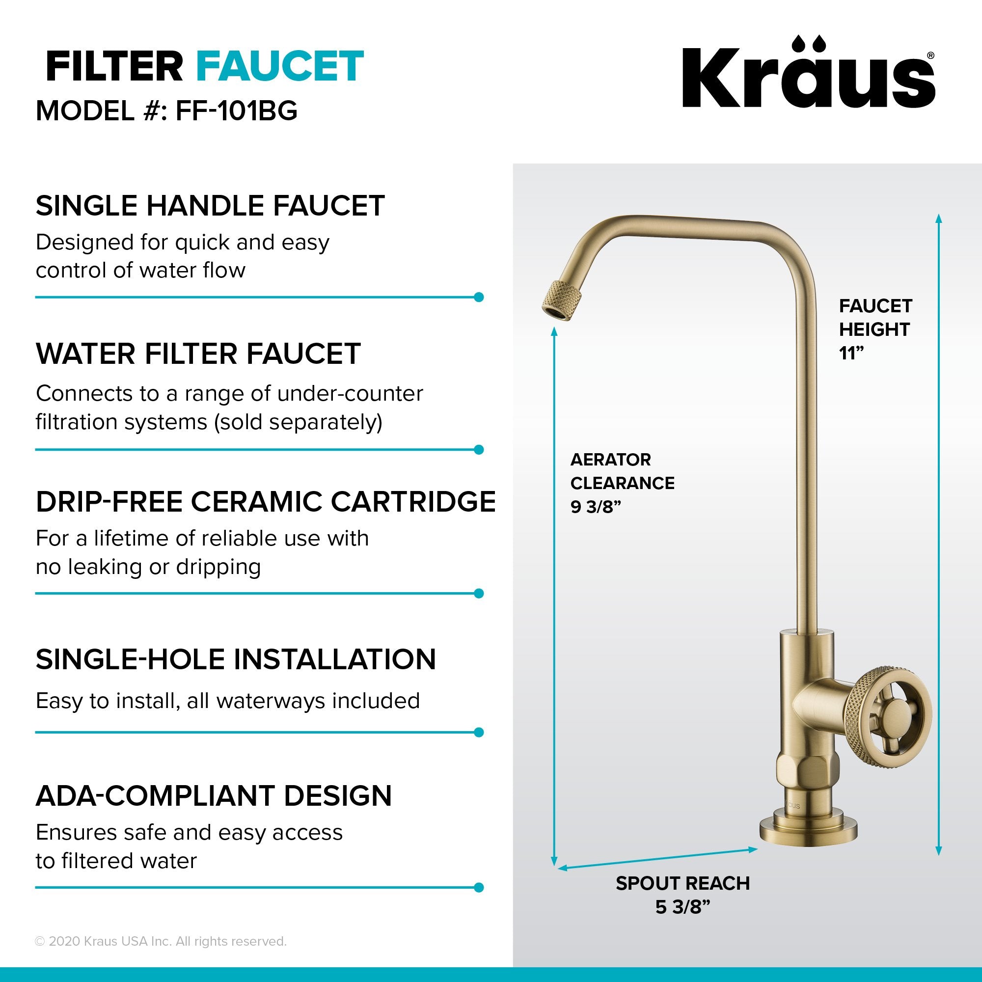 KRAUS Urbix Industrial Bridge Kitchen Faucet & Water Filter Faucet in Brushed Gold KPF-3125-FF-101BG | DirectSinks