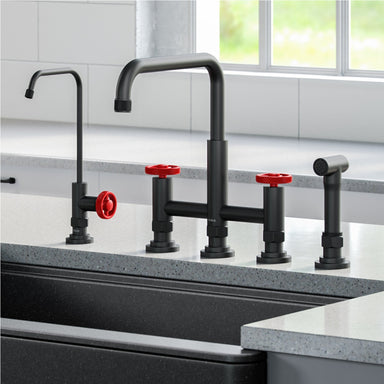 KRAUS Urbix Industrial Bridge Kitchen Faucet & Water Filter Faucet in Matte Black/Red KPF-3125-FF-101MBRD | DirectSinks
