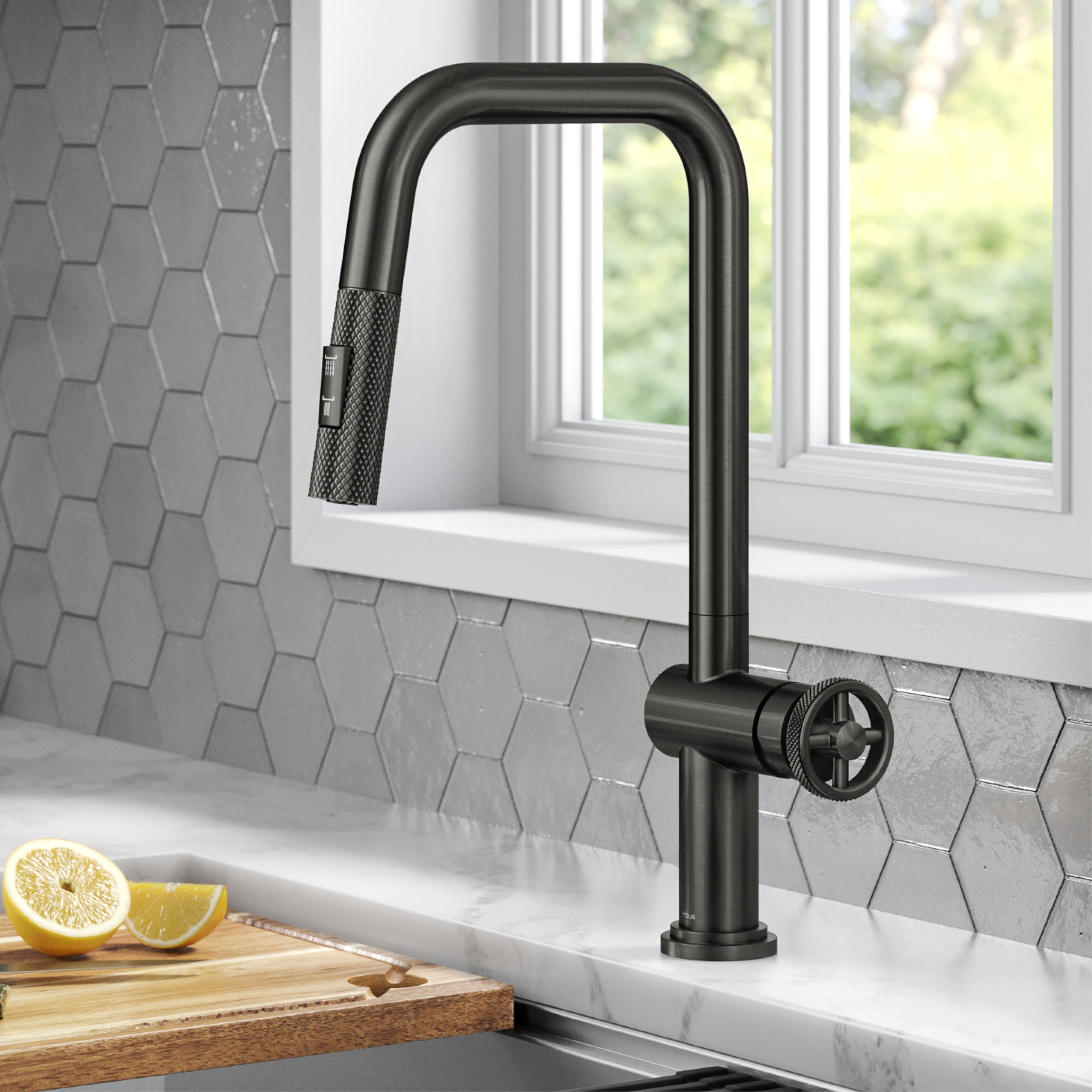 KRAUS Urbix Industrial Pull-Down Single Handle Kitchen Faucet in Black Stainless-Kitchen Faucets-DirectSinks