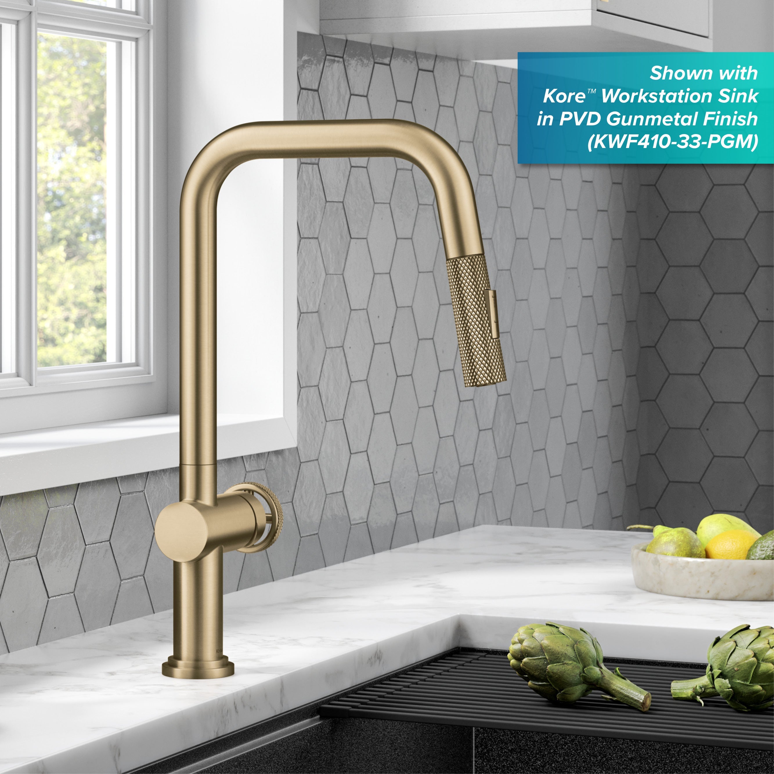 KRAUS Industrial Steam Punk Pull Down Kitchen Faucet in Brushed Gold ...