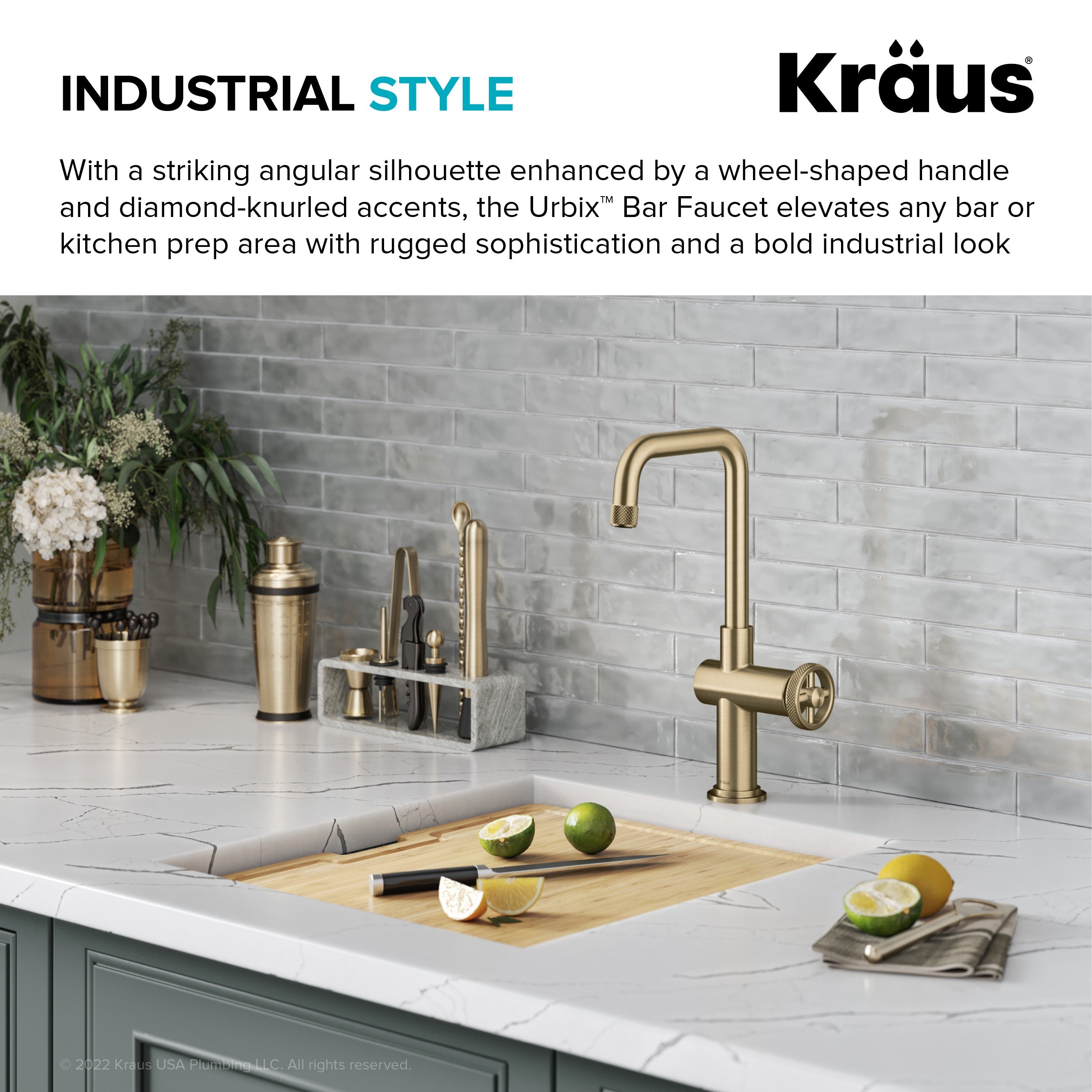 KRAUS Urbix Industrial Single Handle Kitchen Bar Faucet in Brushed Gold-Kitchen Faucets-DirectSinks