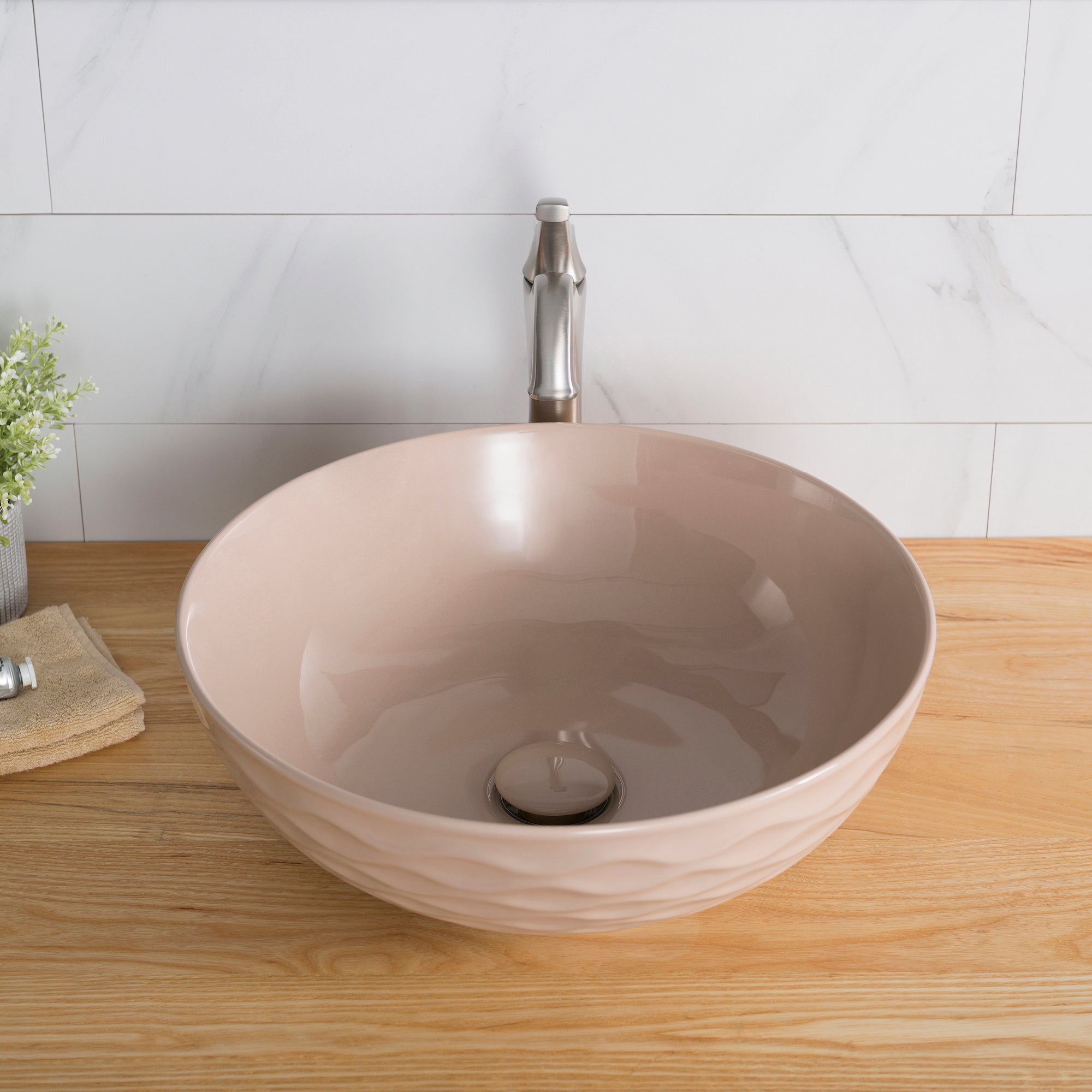 KRAUS Viva Round Beige Porcelain Ceramic Vessel Bathroom Sink with Pop-Up Drain-Bathroom Sinks-DirectSinks