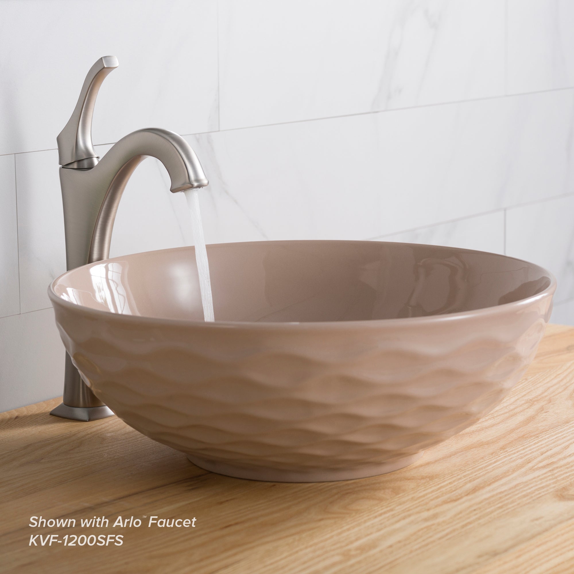 KRAUS Viva Round Beige Porcelain Ceramic Vessel Bathroom Sink with Pop-Up Drain-Bathroom Sinks-DirectSinks
