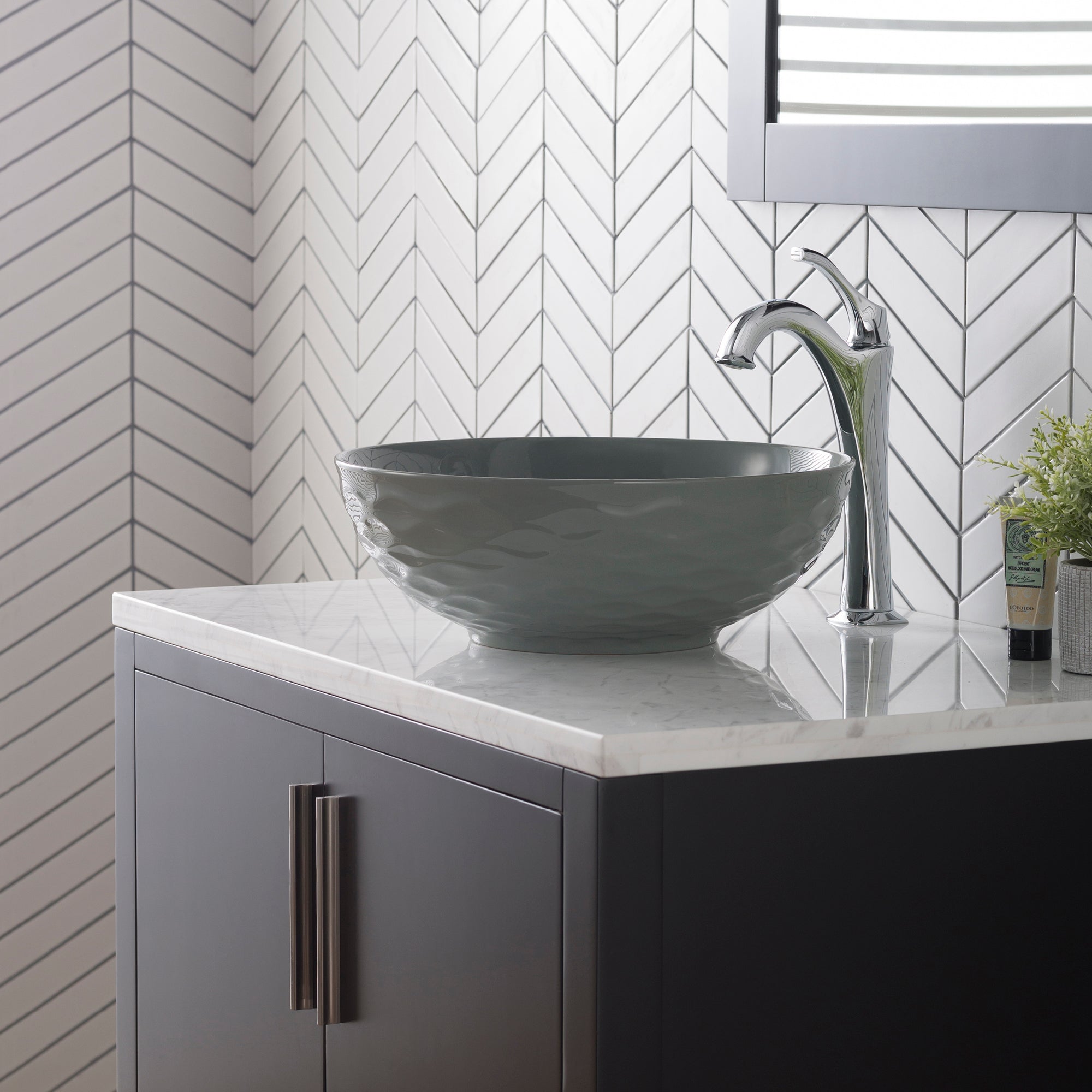 KRAUS Viva Round Gray Porcelain Ceramic Vessel Bathroom Sink with Pop-Up Drain-Bathroom Sinks-DirectSinks