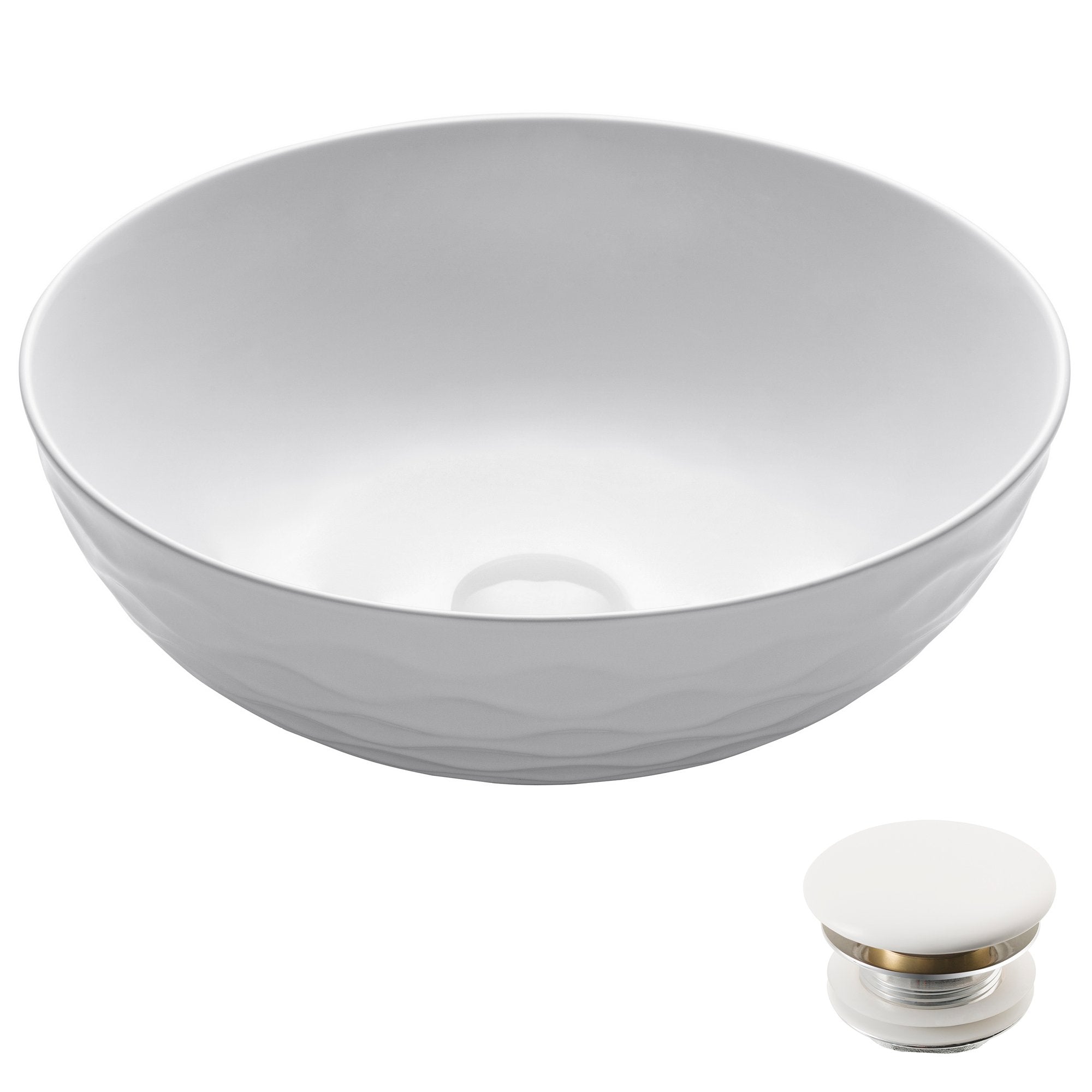 KRAUS Viva Round White Porcelain Ceramic Vessel Bathroom Sink with Pop-Up Drain, 16 1/2D x 5 1/2H-Bathroom Sinks-KRAUS Fast Shipping