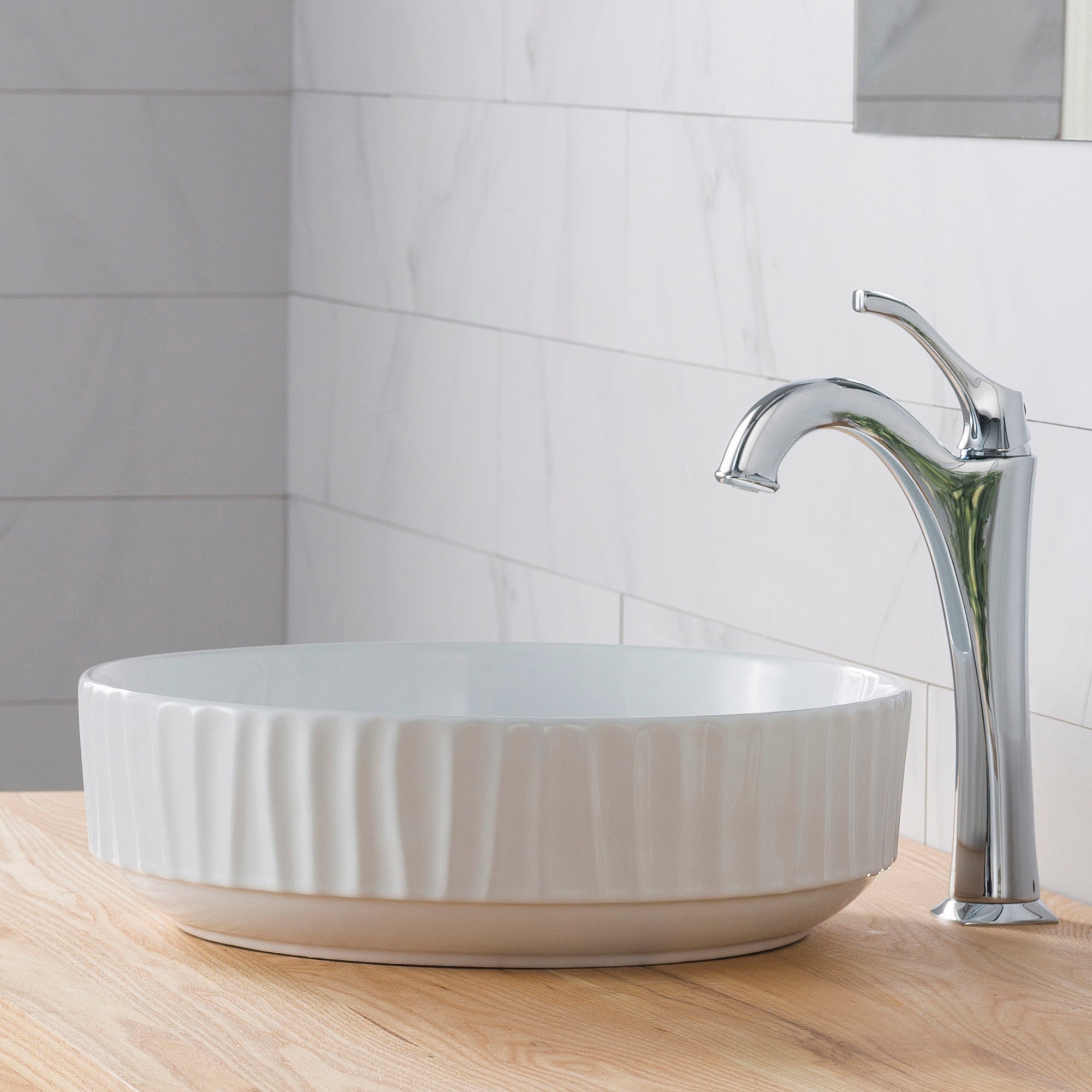 KRAUS Viva Round White Porcelain Ceramic Vessel Bathroom Sink with Pop-Up Drain, 15 3/4D x 4 3/4H-Bathroom Sinks-DirectSinks