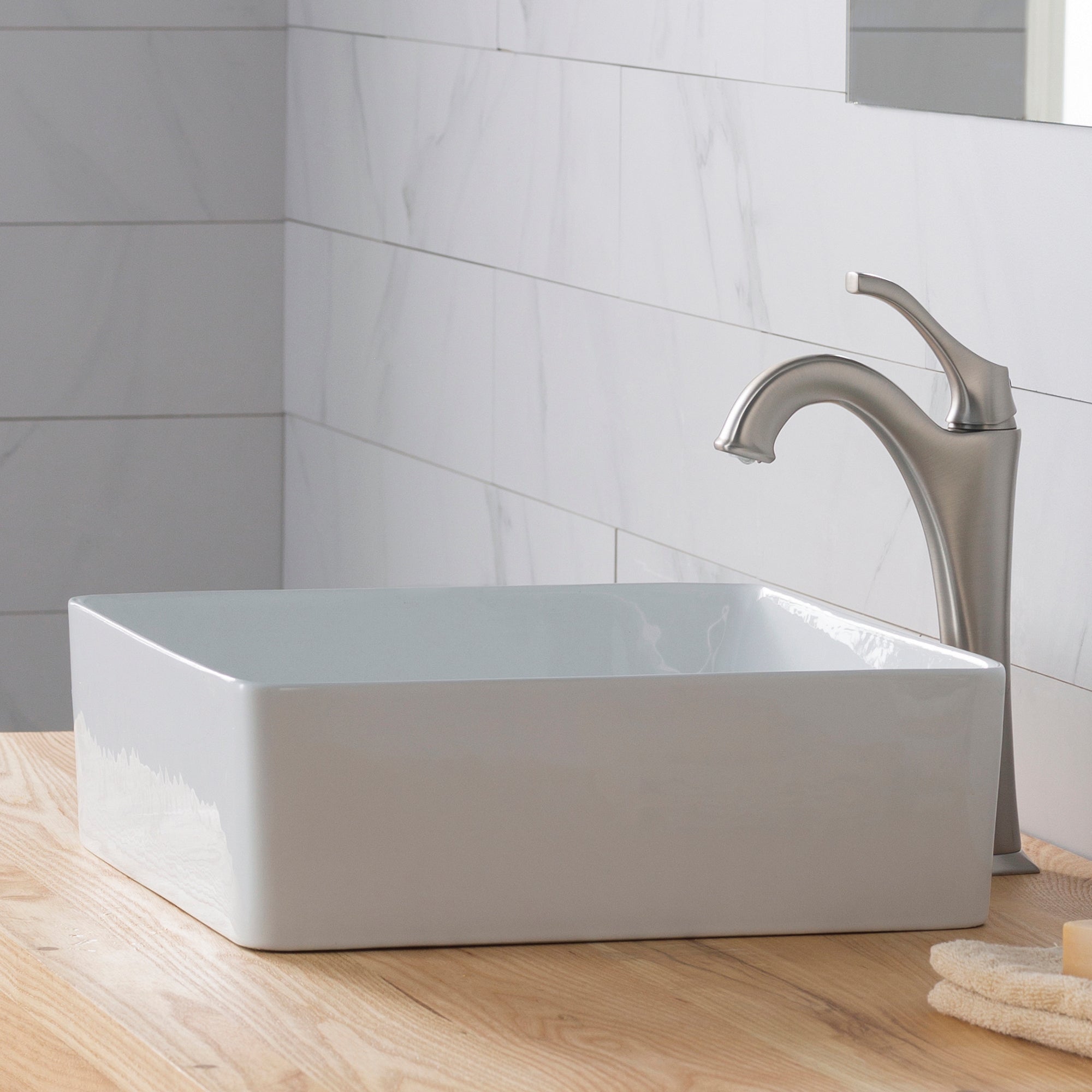 KRAUS Viva Square White Porcelain Ceramic Vessel Bathroom Sink with Pop-Up Drain, 15 5/8L x 15 5/8W x 5 1/8H-Bathroom Sinks-DirectSinks