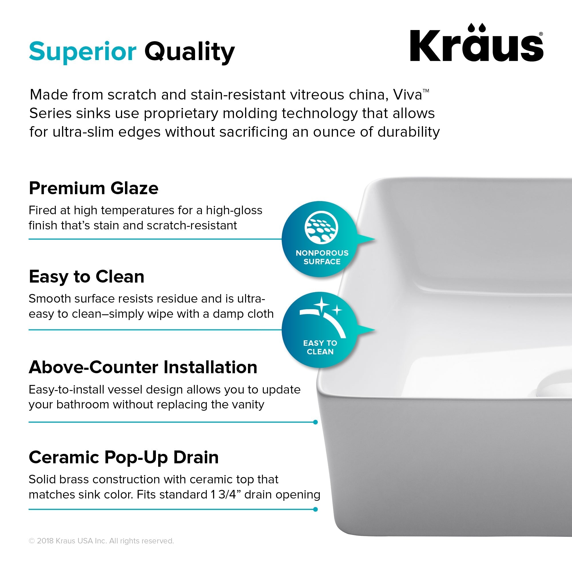 KRAUS Viva Square White Porcelain Ceramic Vessel Bathroom Sink with Pop-Up Drain, 15 5/8L x 15 5/8W x 5 1/8H-Bathroom Sinks-DirectSinks