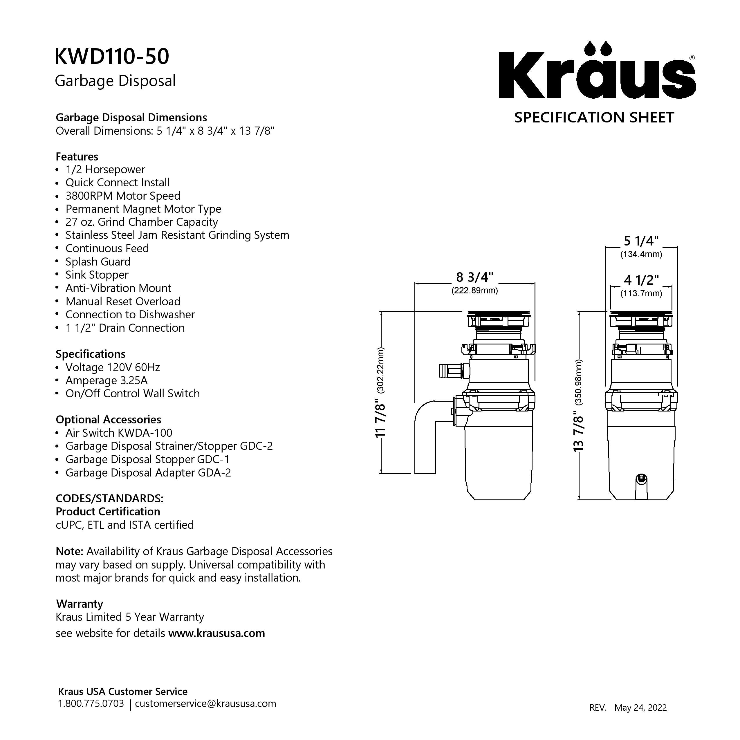 KRAUS High-Speed 1/2 HP Continuous Feed Ultra-Quiet Disposal — DirectSinks