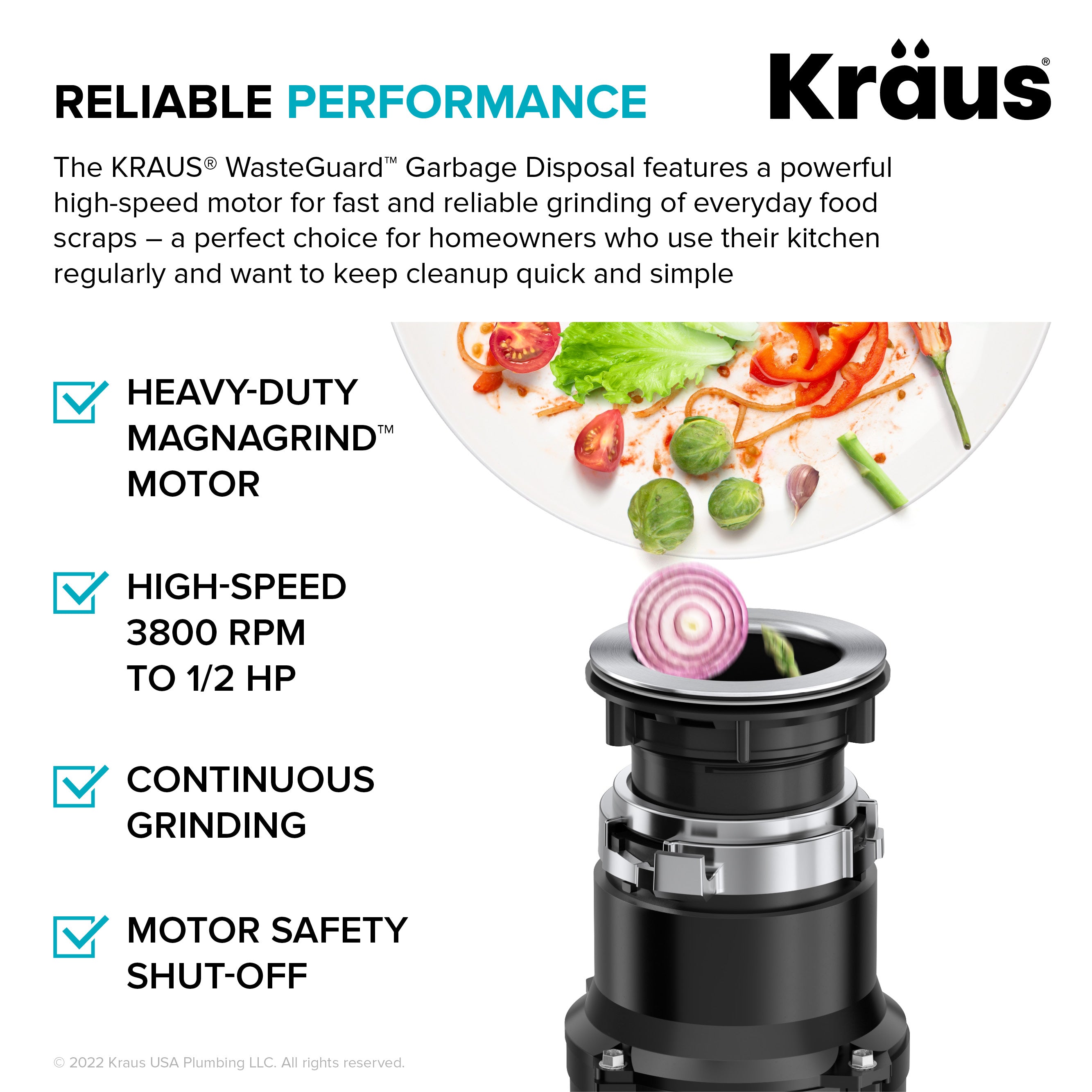 KRAUS WasteGuard High-Speed 1/2 HP Continuous Feed Ultra-Quiet Motor Garbage Disposal-Kitchen Accessories-DirectSinks