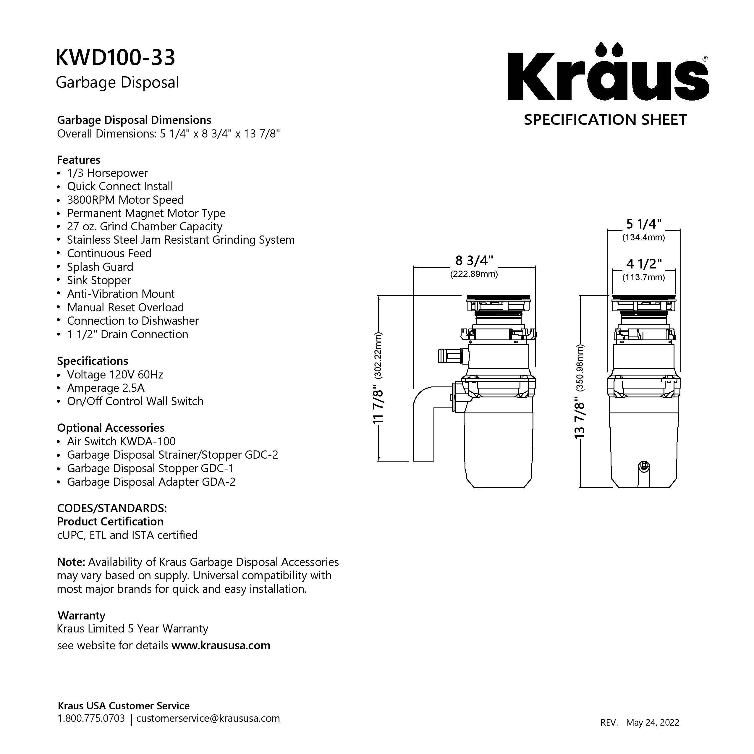 KRAUS High-Speed 1/3 HP Continuous Feed Ultra-Quiet Disposal — DirectSinks