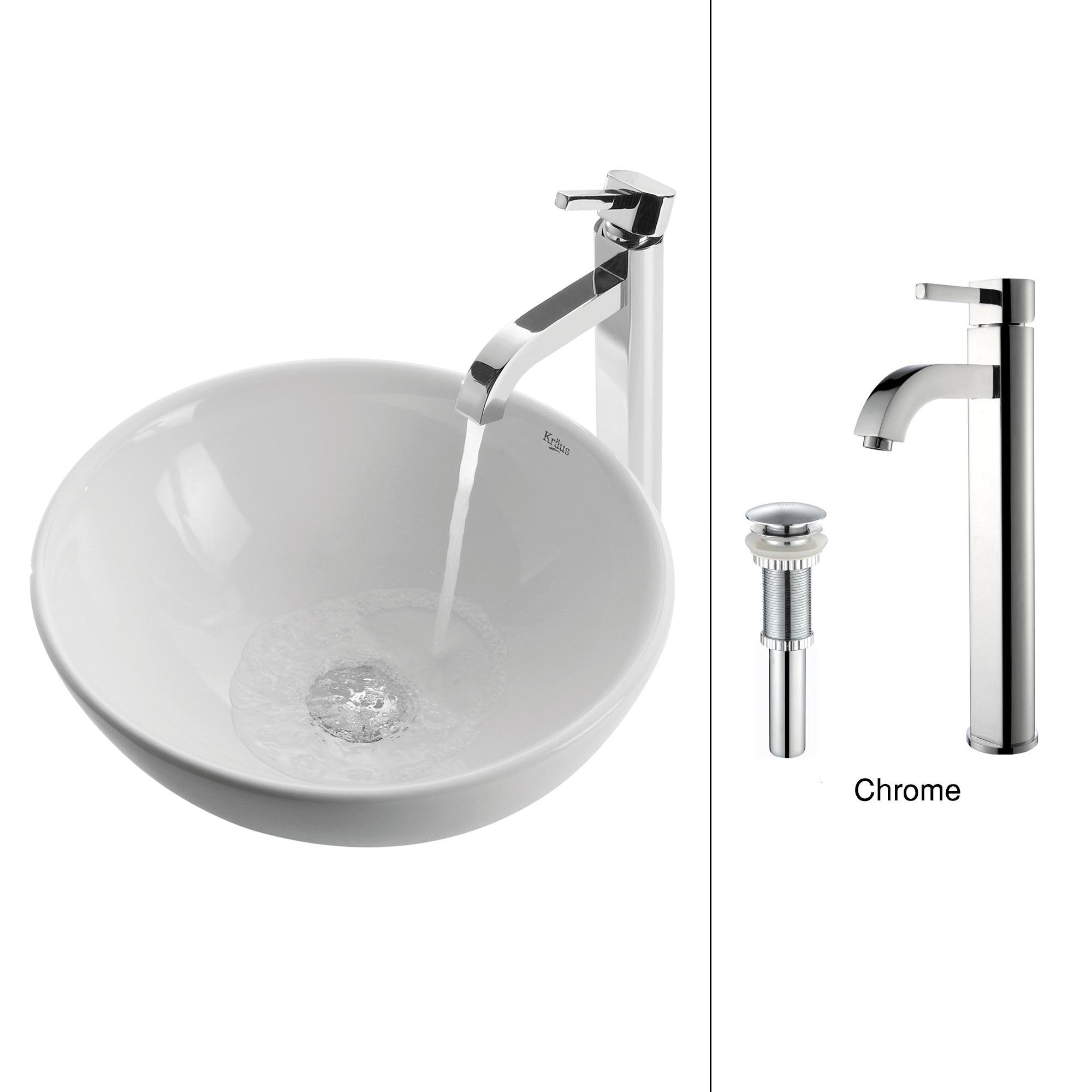 Kraus White Round Ceramic Sink and Ramus Faucet-Bathroom Sinks & Faucet Combos-DirectSinks