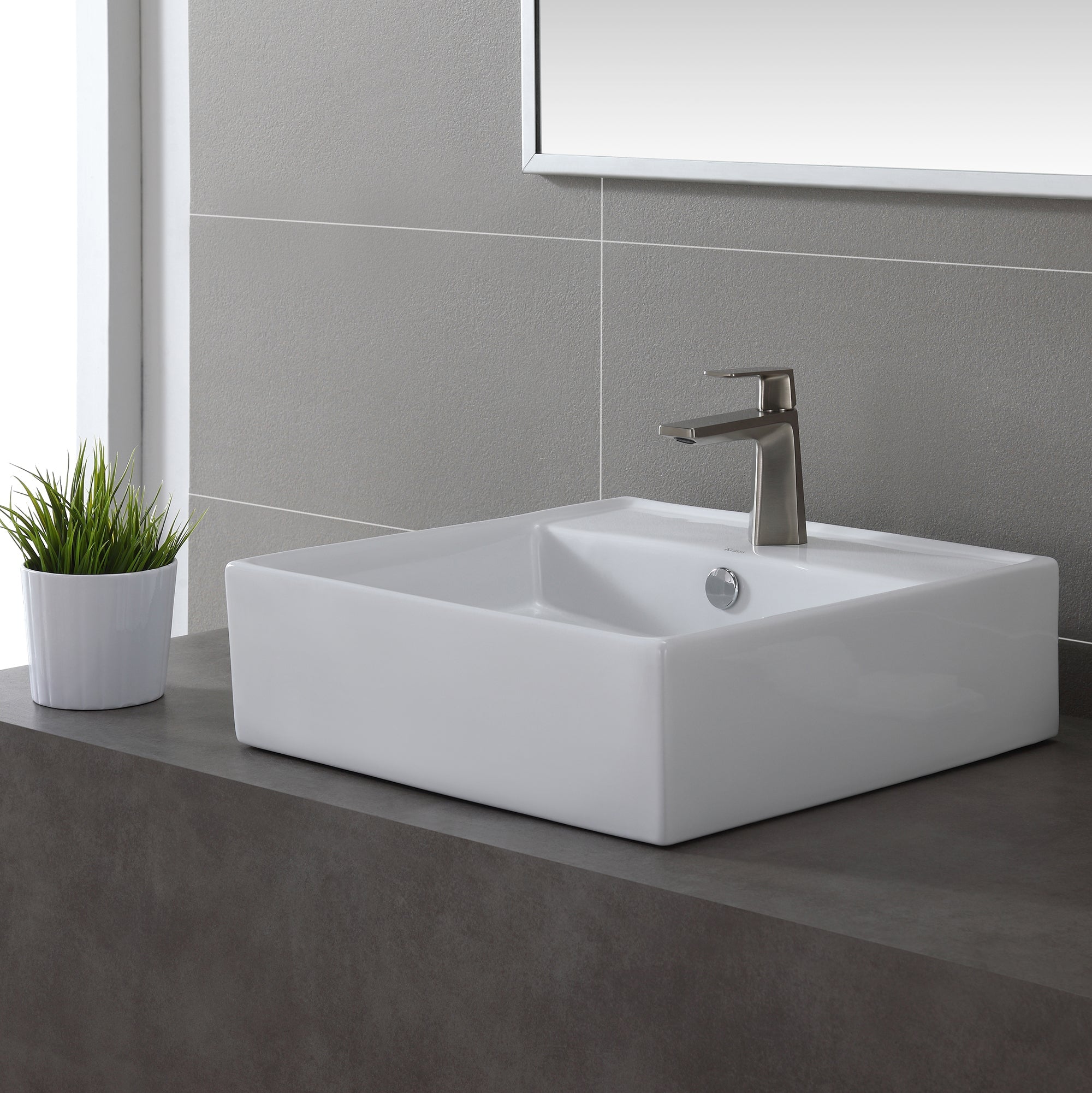 KRAUS White Square Ceramic Bathroom Sink and Pop Up Drain with Overflow-Bathroom Sinks-DirectSinks
