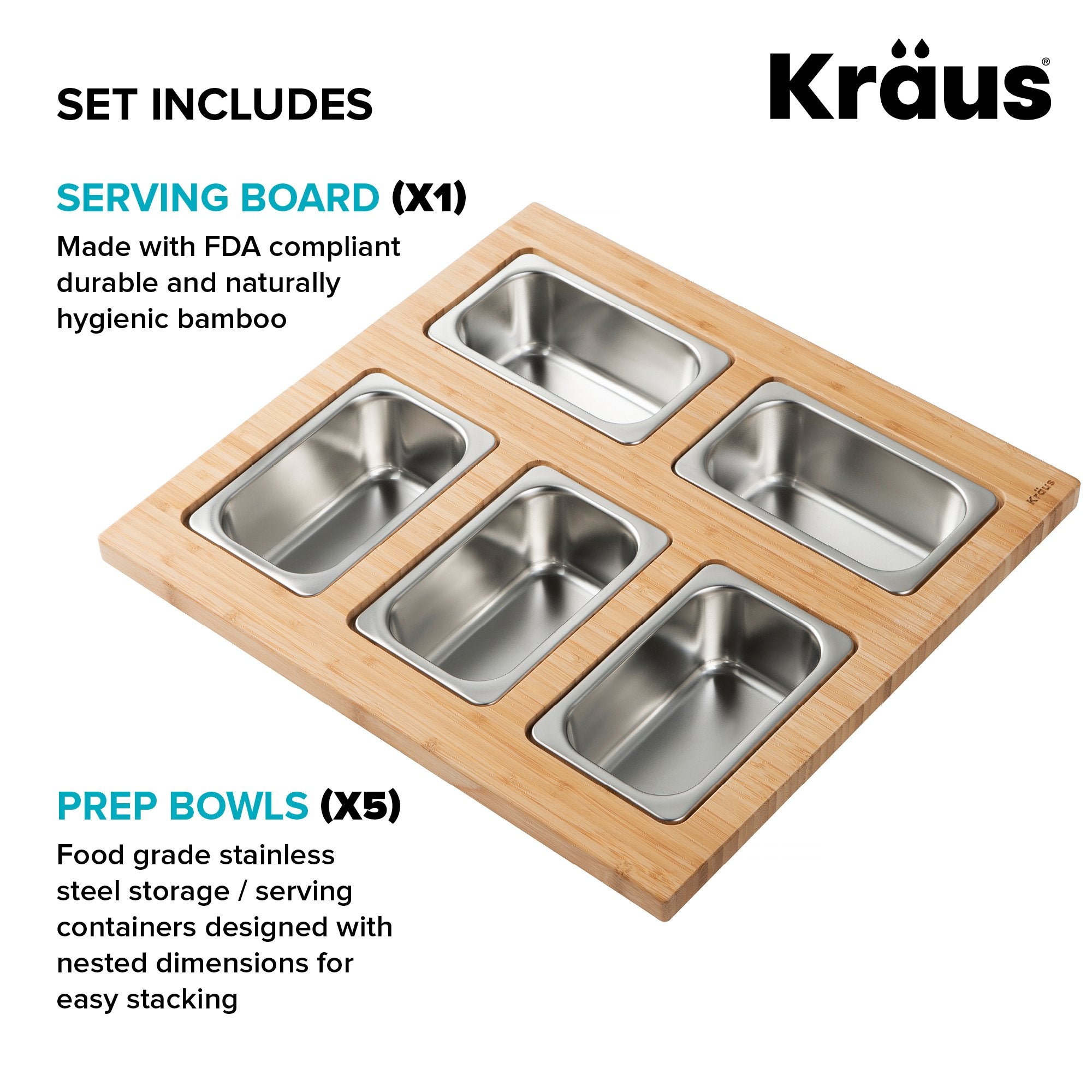 KRAUS Workstation Serving Board Set with Five Rectangular Bowls-Kitchen Accessories-KRAUS