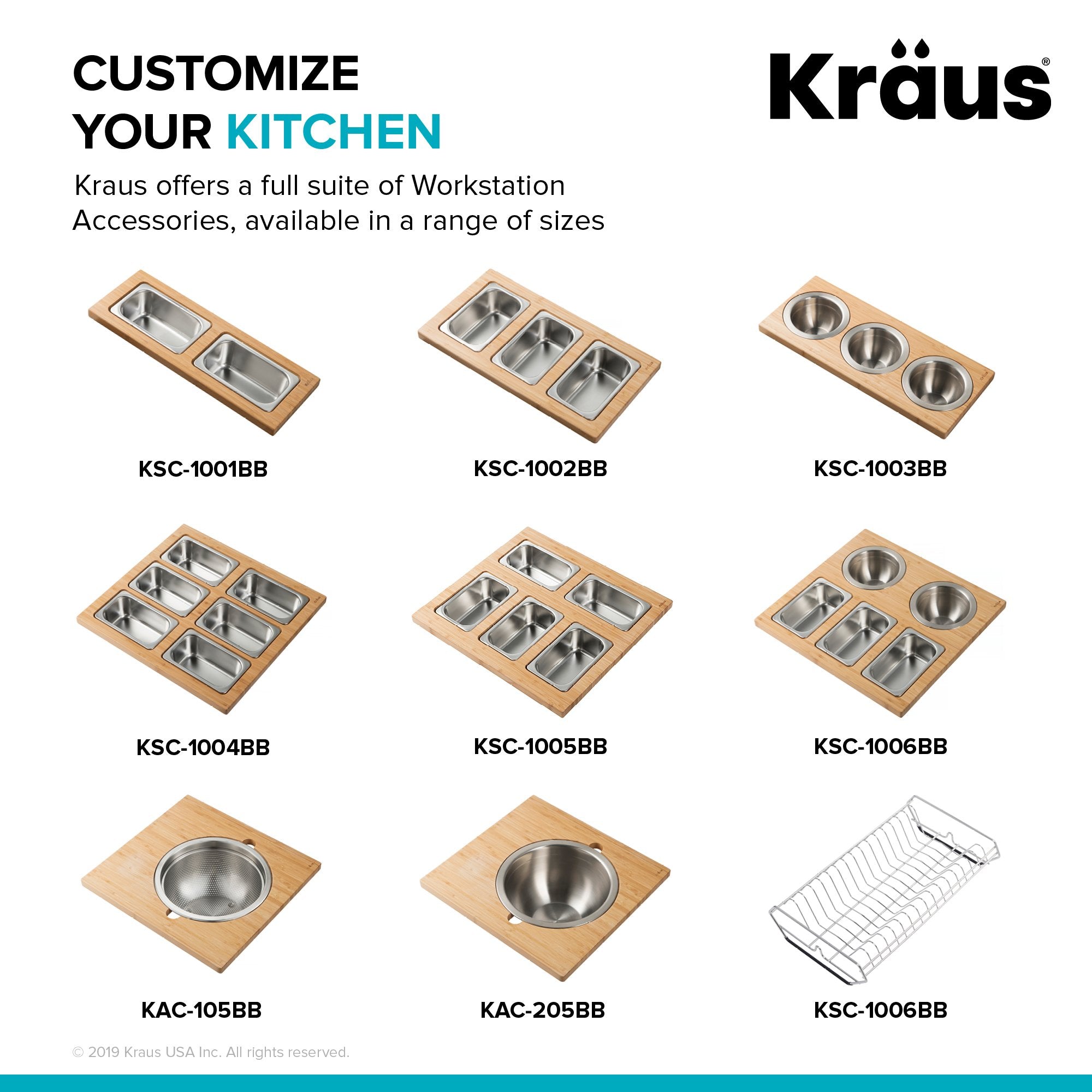 KRAUS Workstation Serving Board Set with Three Stainless Steel Bowls-Kitchen Accessories-KRAUS