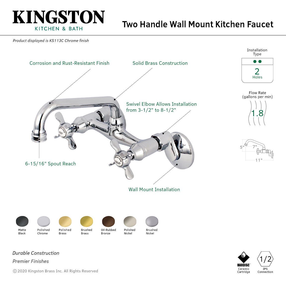 Kingston Brass KS113X-P Essex Two Handle Wall Mount Kitchen Faucet