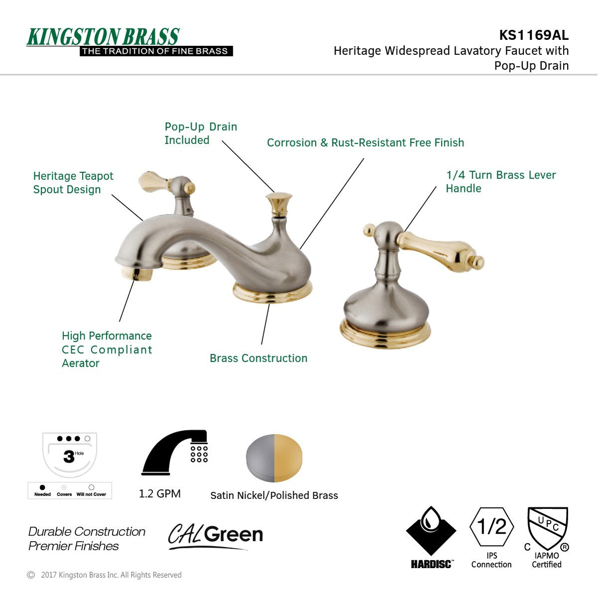 Kingston Brass KS1169AL 8-Inch Widespread Bathroom Faucet in Brushed Nickel and Polished Brass