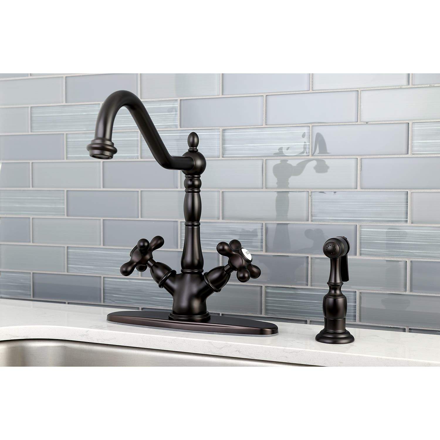 Kingston Brass KS1235AXBS Heritage Deck Mount Kitchen Faucet With Brass Sprayer, Oil Rubbed Bronze