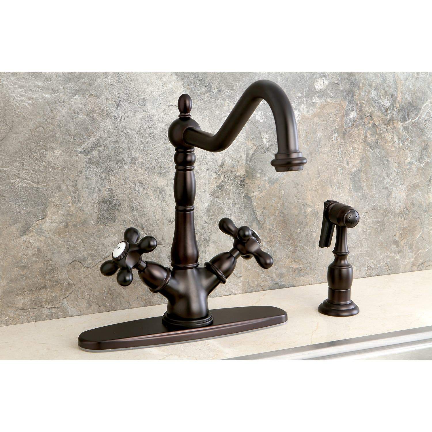 Kingston Brass KS1235AXBS Heritage Deck Mount Kitchen Faucet With Brass Sprayer, Oil Rubbed Bronze