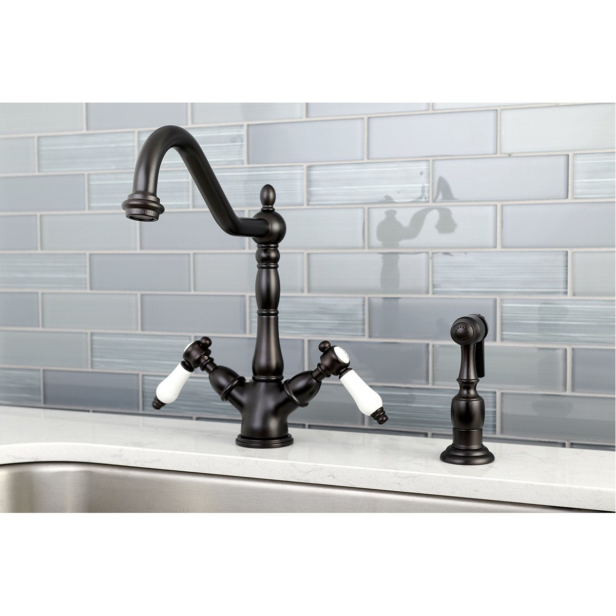 Kingston Brass Mono Deck Mount Kitchen Faucet with Brass Sprayer