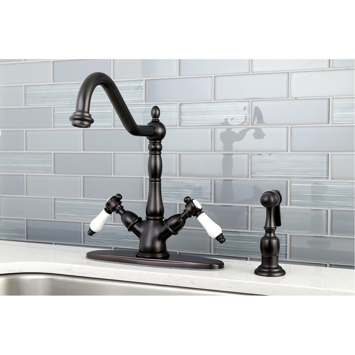 Kingston Brass Mono Deck Mount Kitchen Faucet with Brass Sprayer