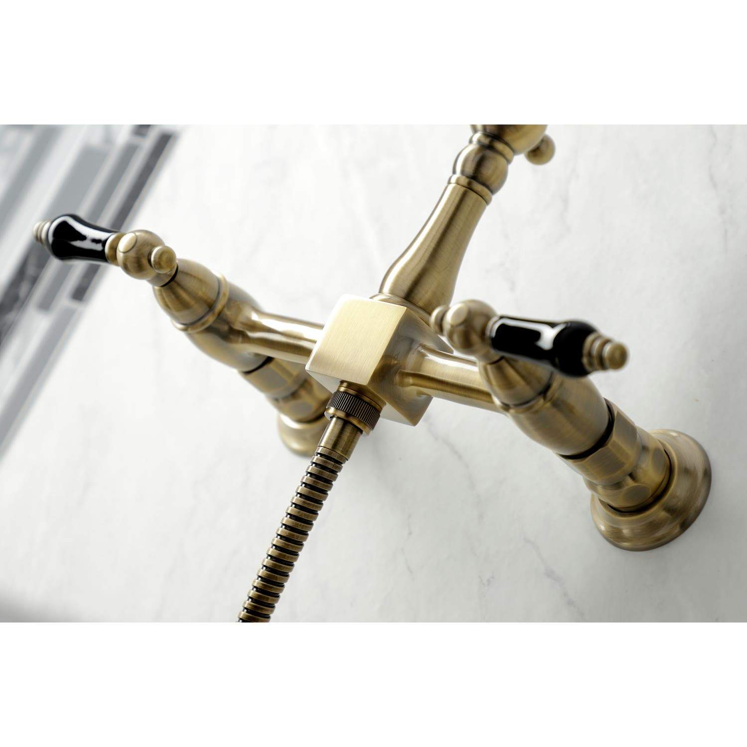 Kingston Brass KS124XPKLBS-P Duchess Two-Handle Wall Mount Bridge Kitchen Faucet with Brass Sprayer