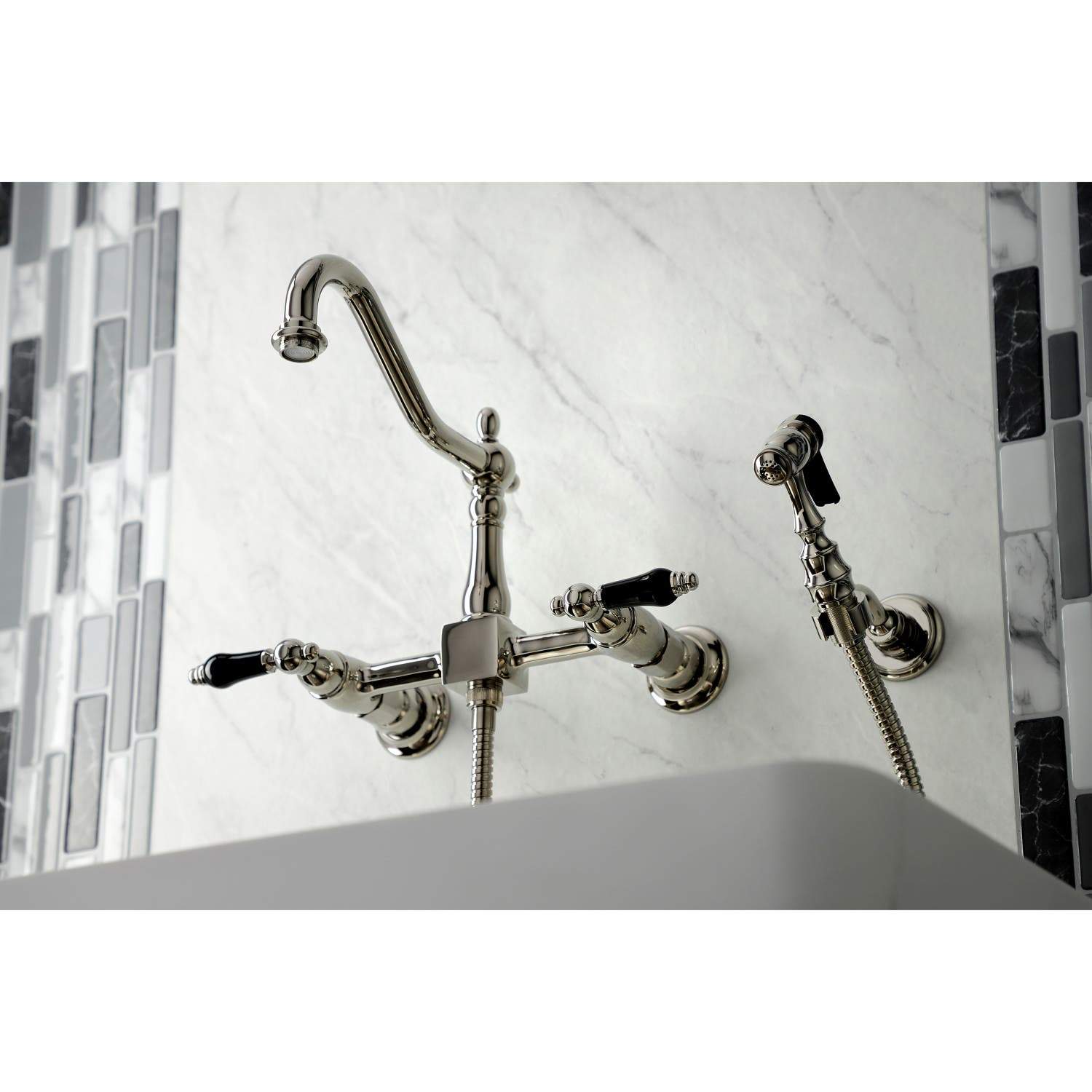 Kingston Brass KS124XPKLBS-P Duchess Two-Handle Wall Mount Bridge Kitchen Faucet with Brass Sprayer