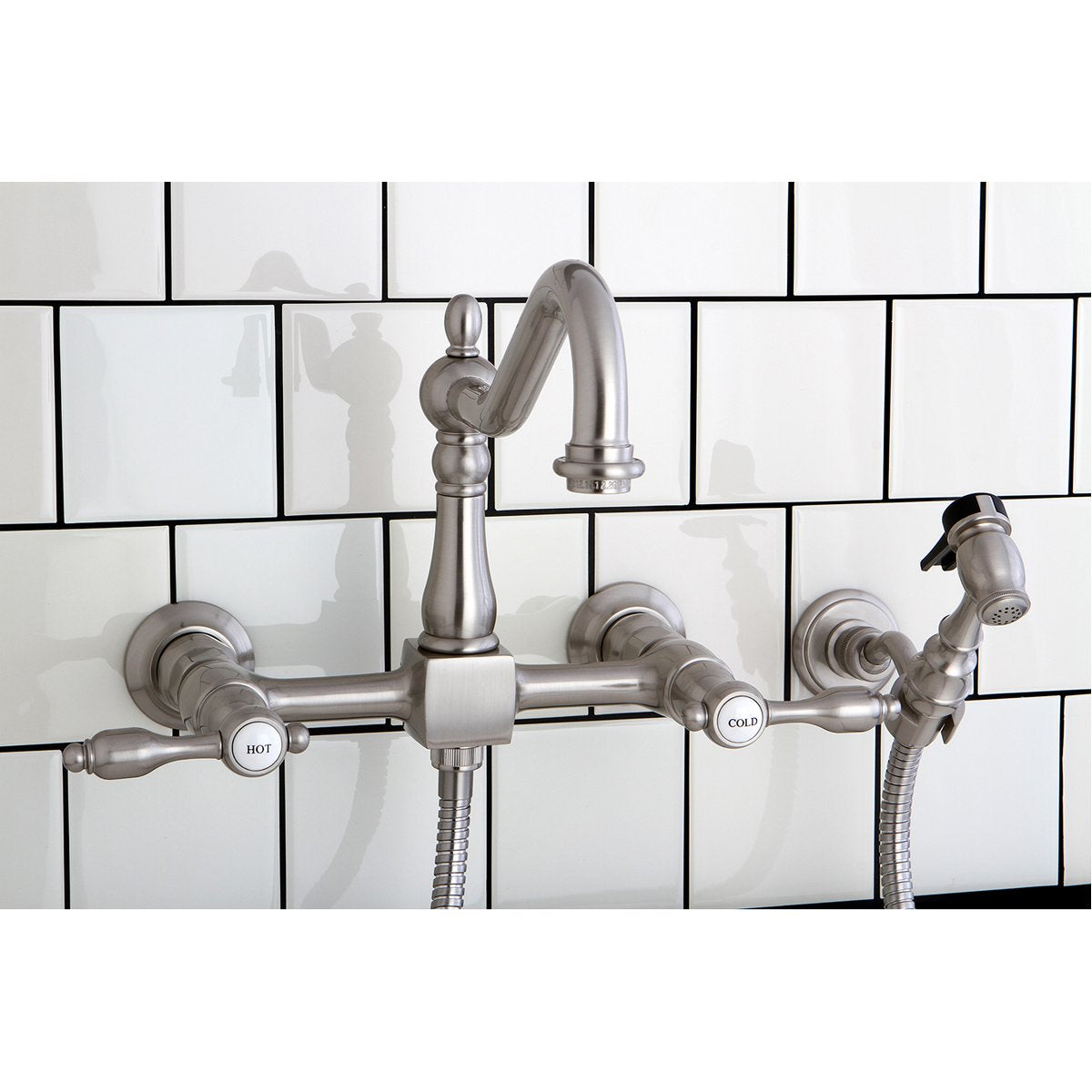 Kingston Brass Tudor 8-Inch Centerset Wall Mount Kitchen Faucet with Brass Sprayer