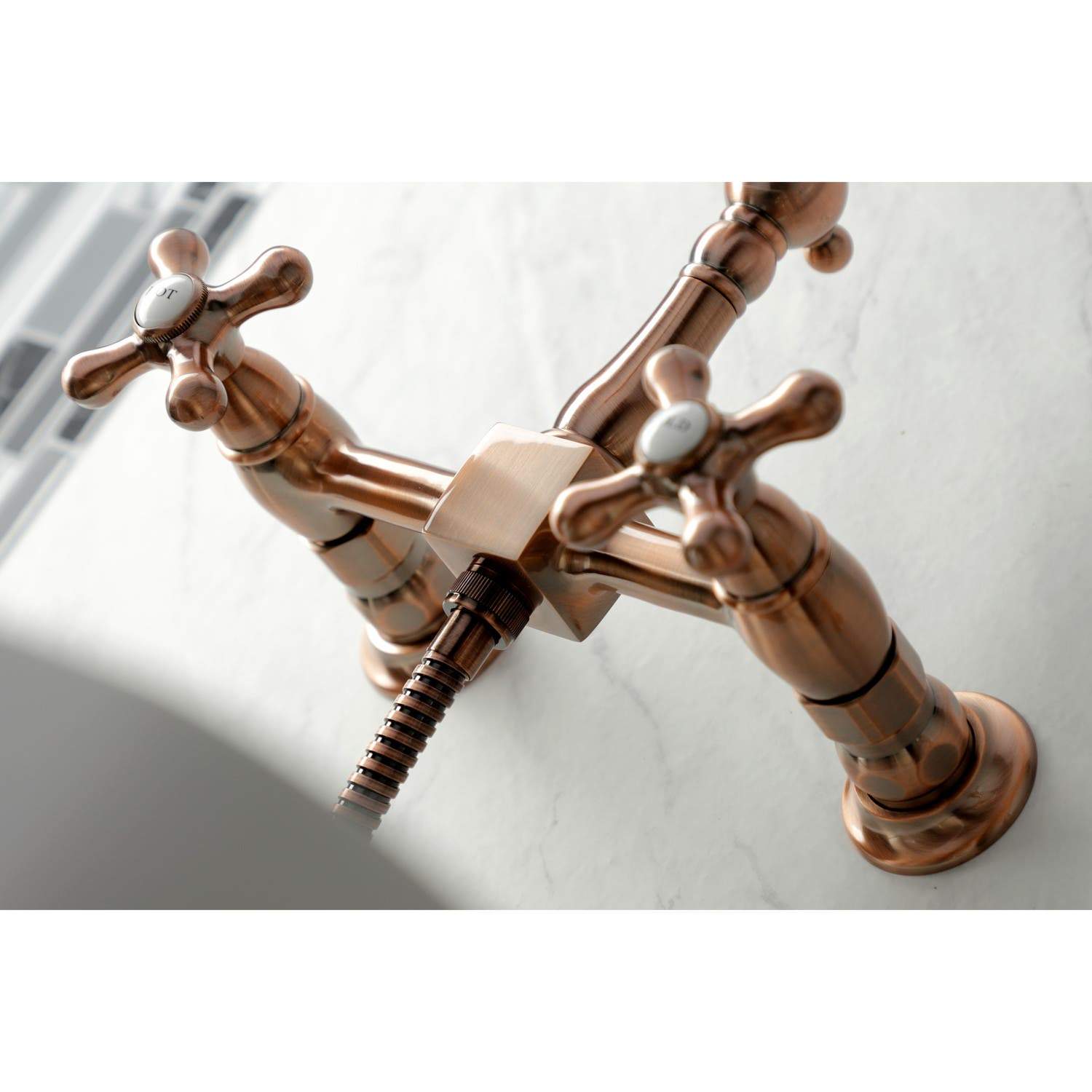 Kingston Brass KS124AXBSAC Heritage Two-Handle Wall Mount Bridge Kitchen Faucet with Brass Sprayer, Antique Copper