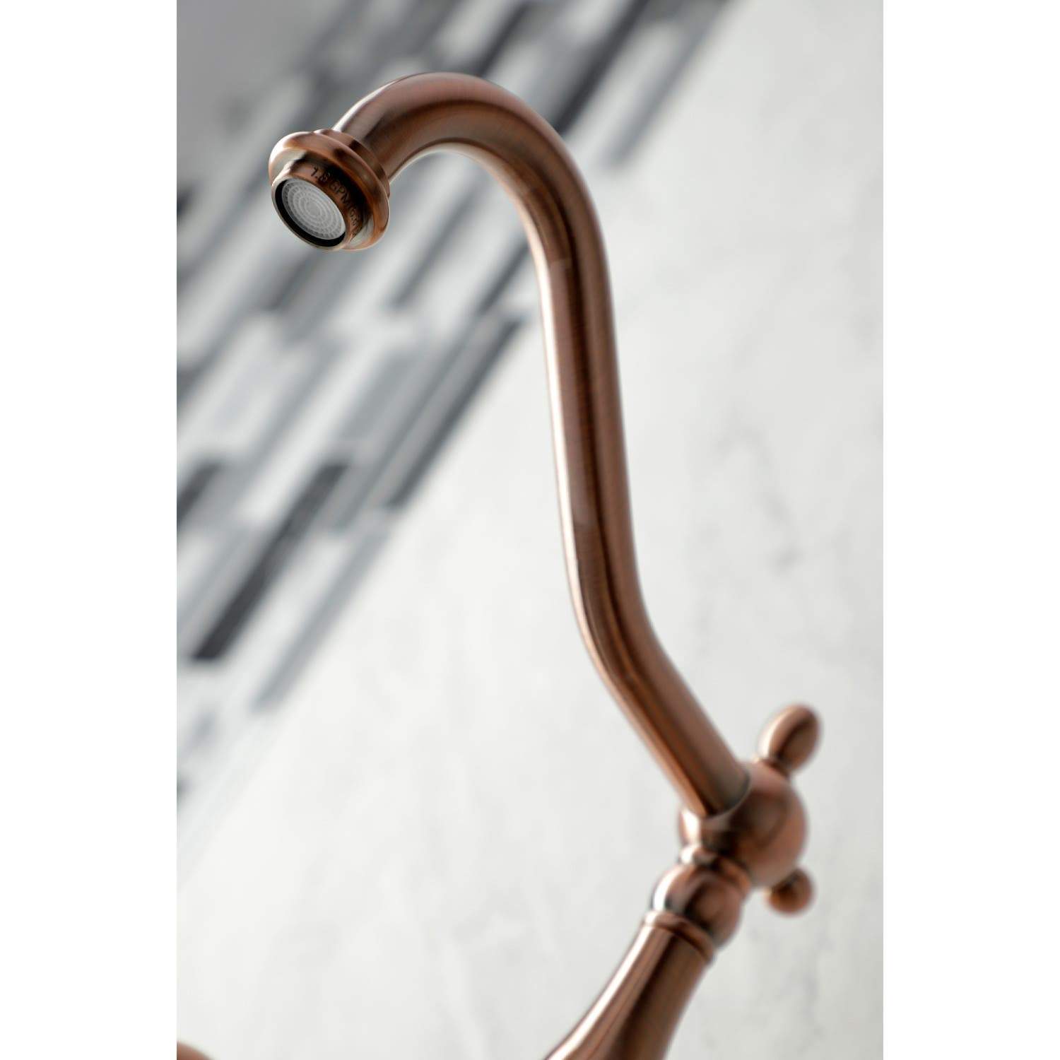 Kingston Brass KS124AXBSAC Heritage Two-Handle Wall Mount Bridge Kitchen Faucet with Brass Sprayer, Antique Copper