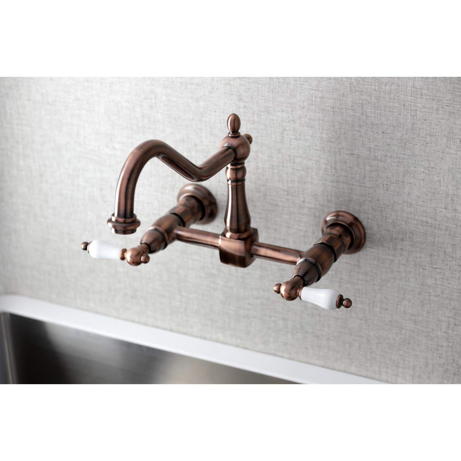 Kingston Brass KS124PLAC Heritage Two-Handle Wall Mount Bridge Kitchen Faucet, Antique Copper