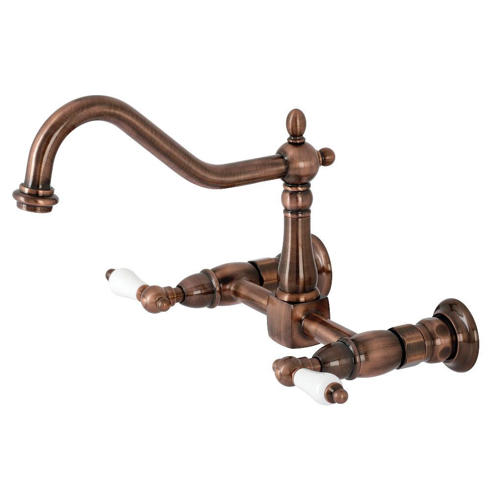 Kingston Brass KS124PLAC Heritage Two-Handle Wall Mount Bridge Kitchen Faucet, Antique Copper