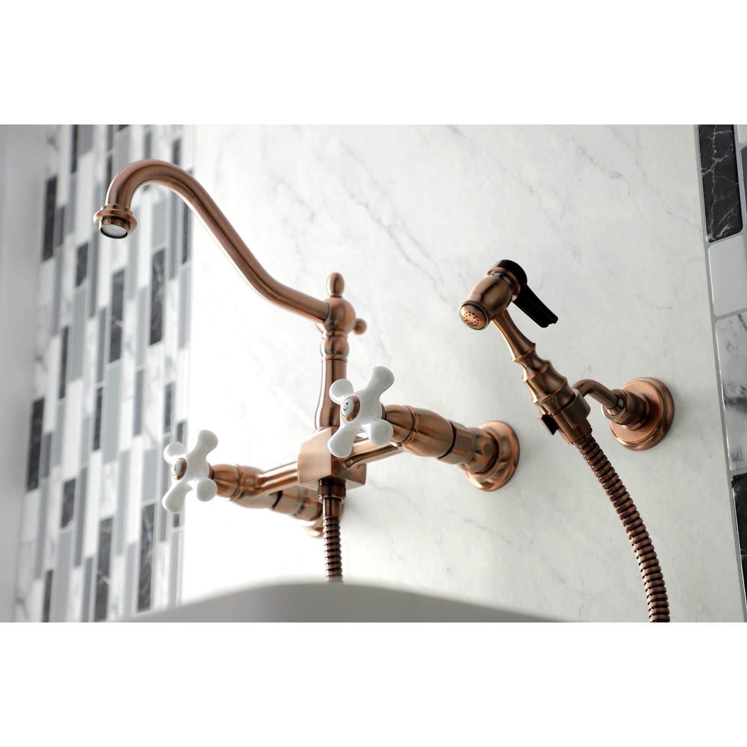 Kingston Brass KS124XPXBS-P Heritage Two-Handle Wall Mount Bridge Kitchen Faucet with Brass Sprayer