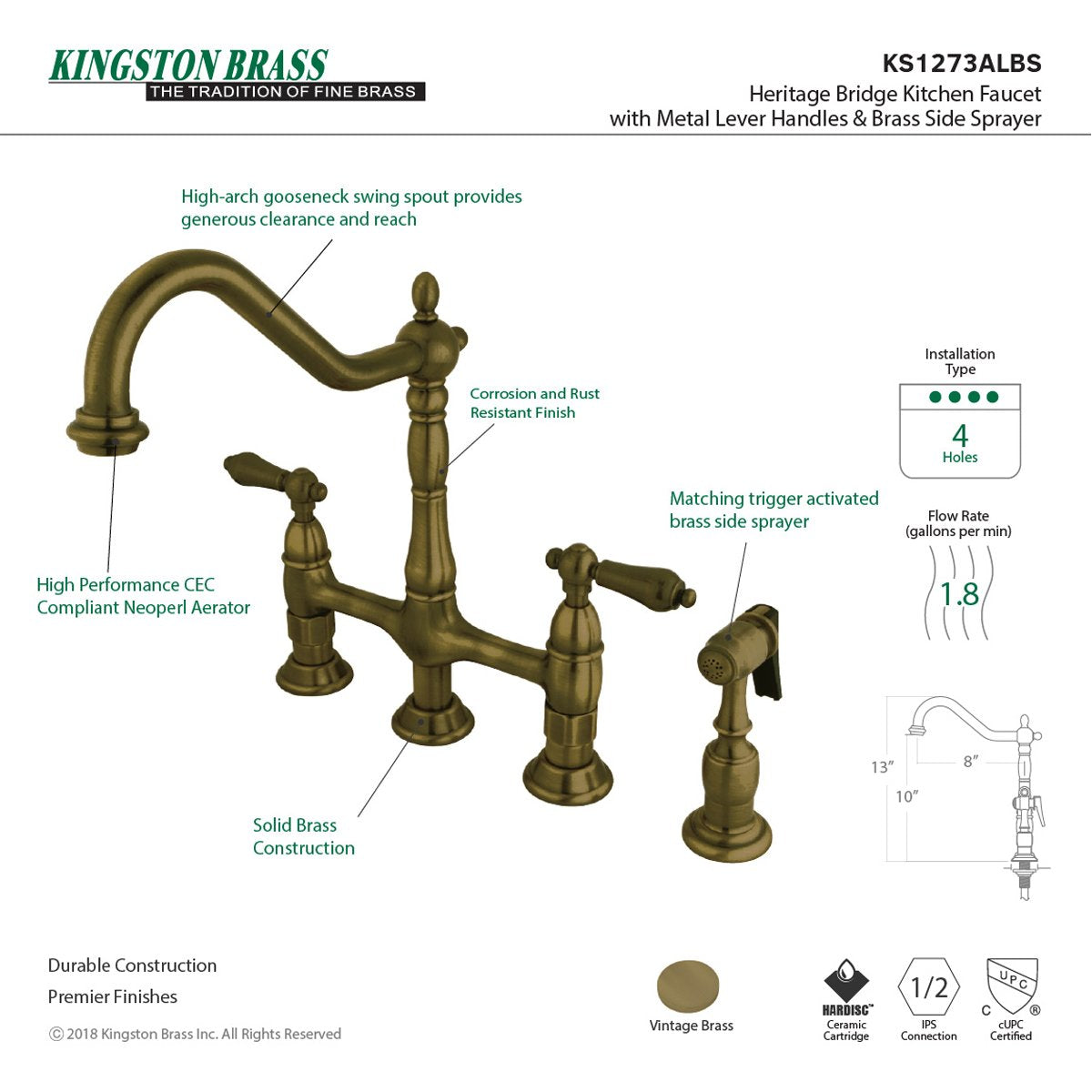 Kingston Brass Heritage 8-Inch Bridge Kitchen Faucet with Brass Sprayer