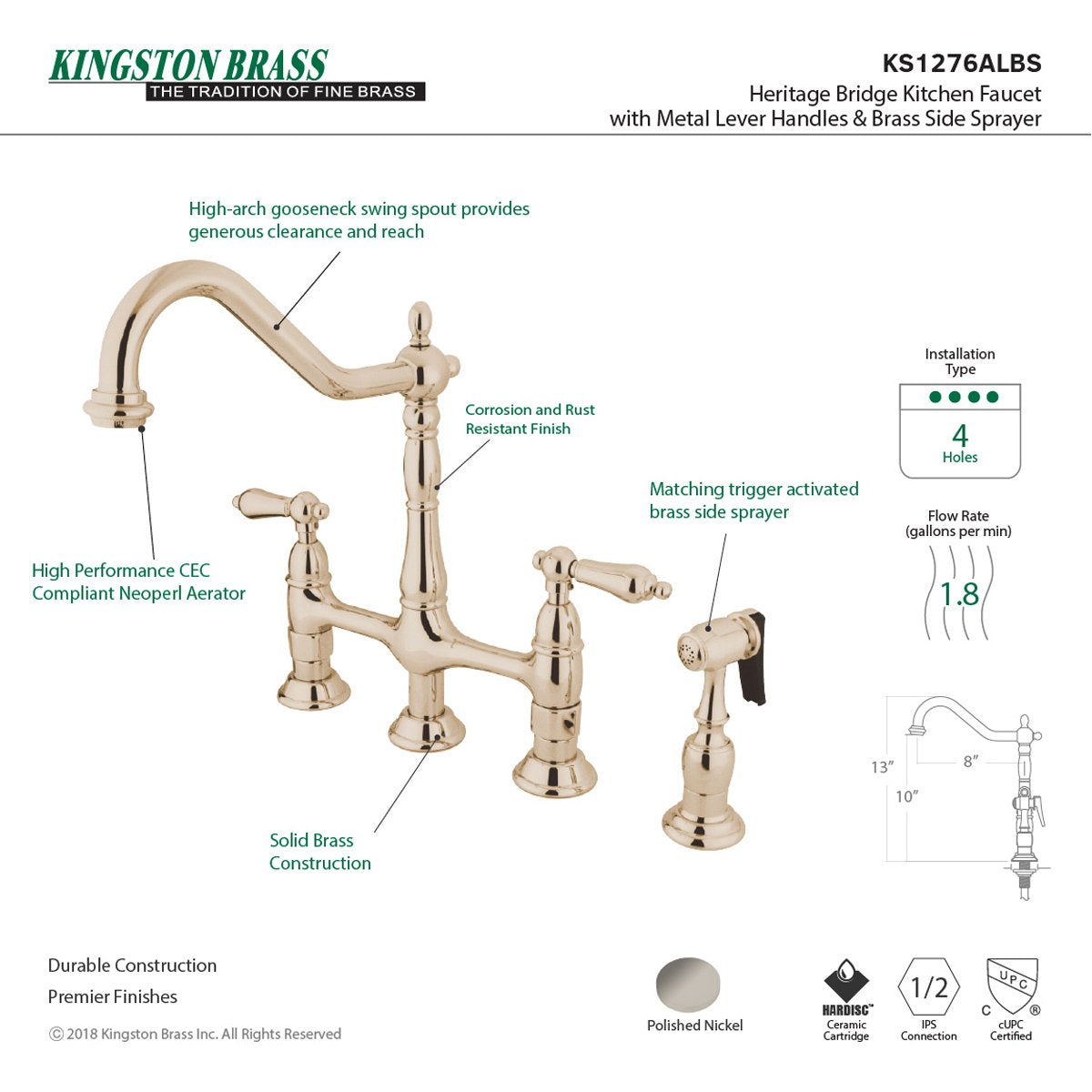 Kingston Brass Heritage 8-Inch Bridge Kitchen Faucet with Brass Sprayer