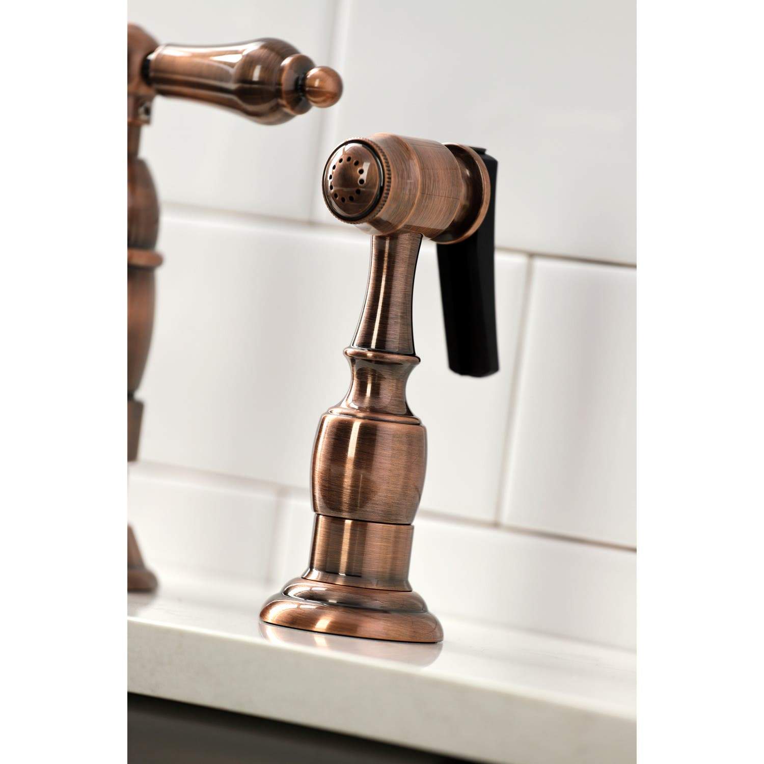 Kingston Brass KS127ALBSAC Heritage Bridge Kitchen Faucet with Brass Sprayer, Antique Copper