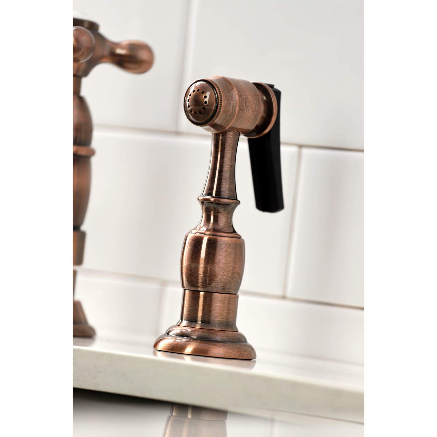 Kingston Brass KS127AXBSAC Heritage Bridge Kitchen Faucet with Brass Sprayer, Antique Copper
