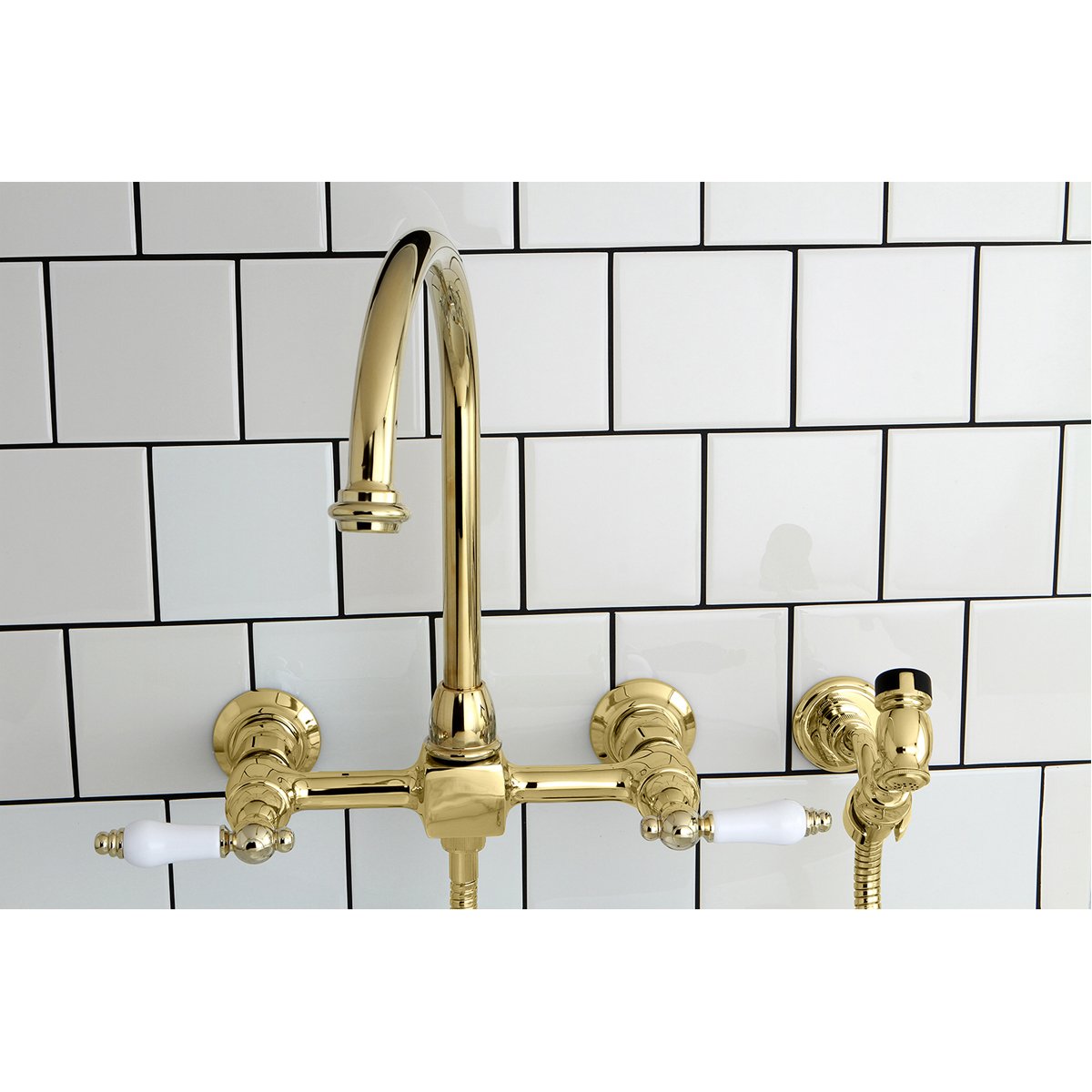 Kingston Brass Restoration Wall Mount 8-Inch Centerset Kitchen Faucet with Brass Sprayer