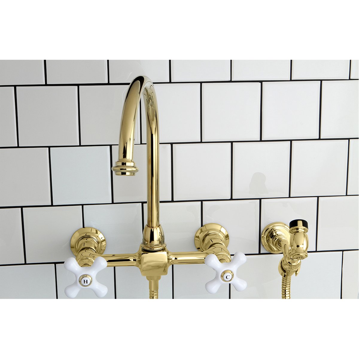 Kingston Brass Restoration Wall Mount 8" Centerset Kitchen Faucet with Brass Sprayer