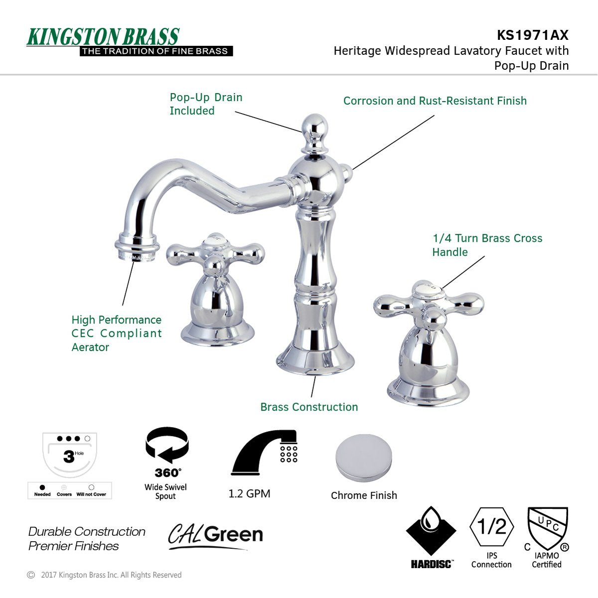 Kingston Brass Heritage Cross-Handle 8-Inch Widespread Bathroom Faucet