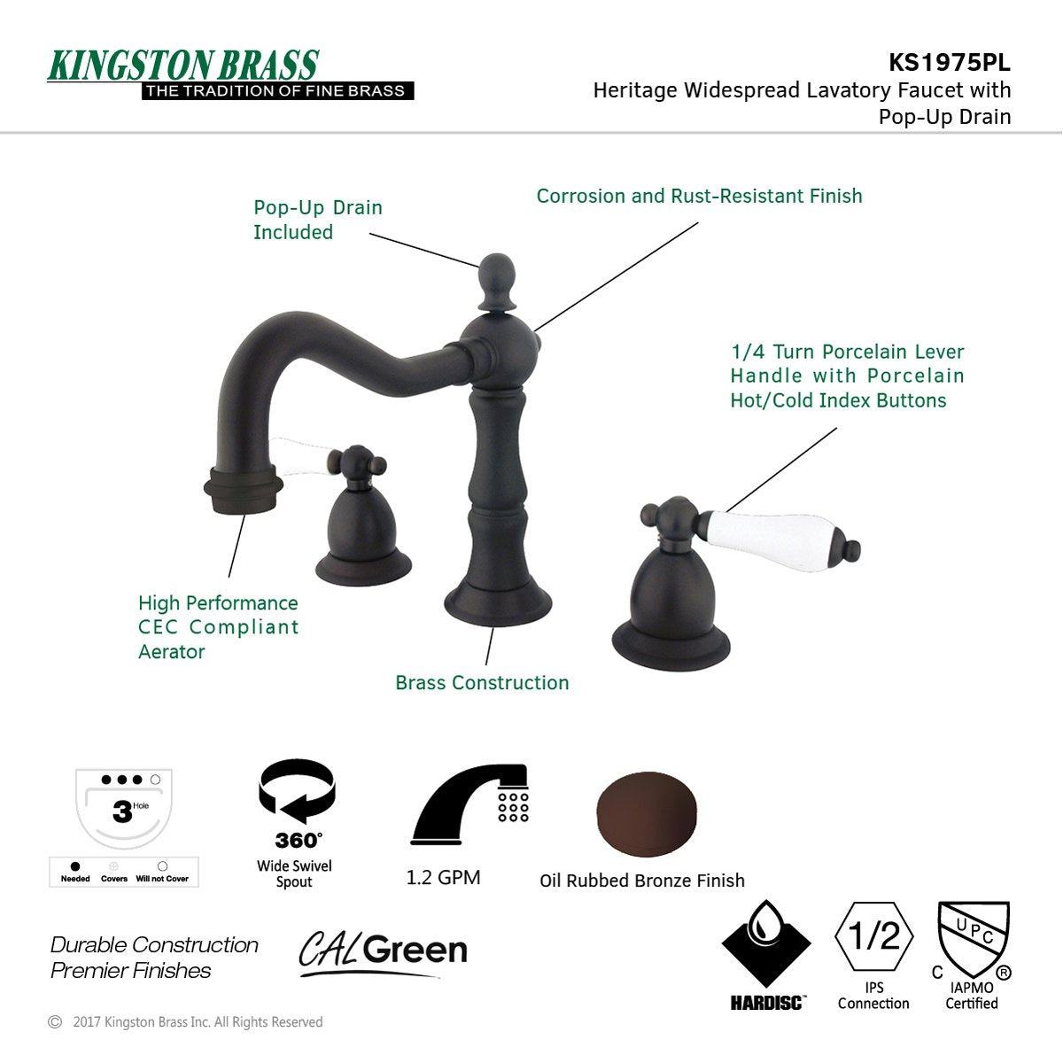 Kingston Brass Heritage 2-Handle 8-Inch Widespread Bathroom Faucet