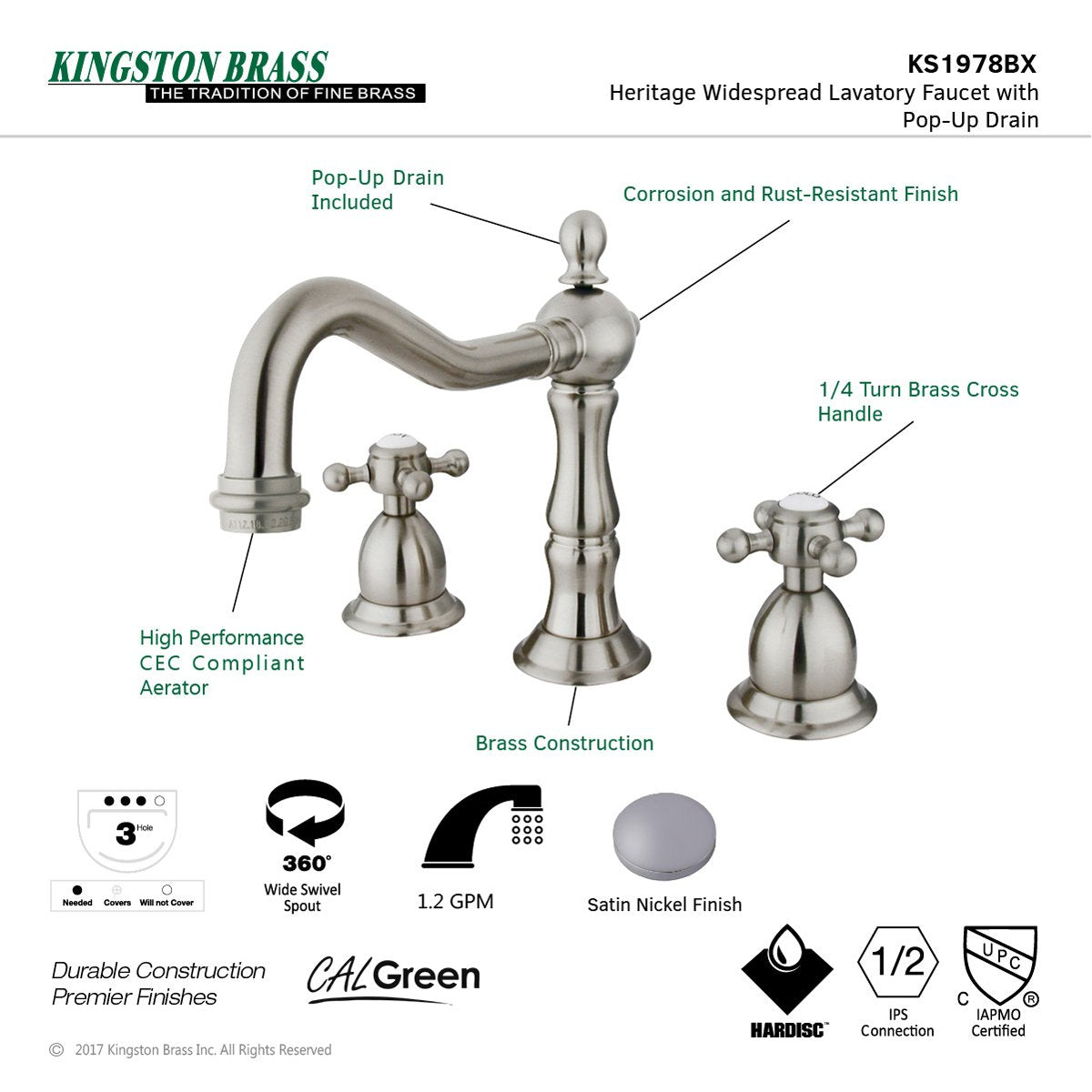 Kingston Brass Heritage 8-Inch Widespread Cross-Handle Bathroom Faucet